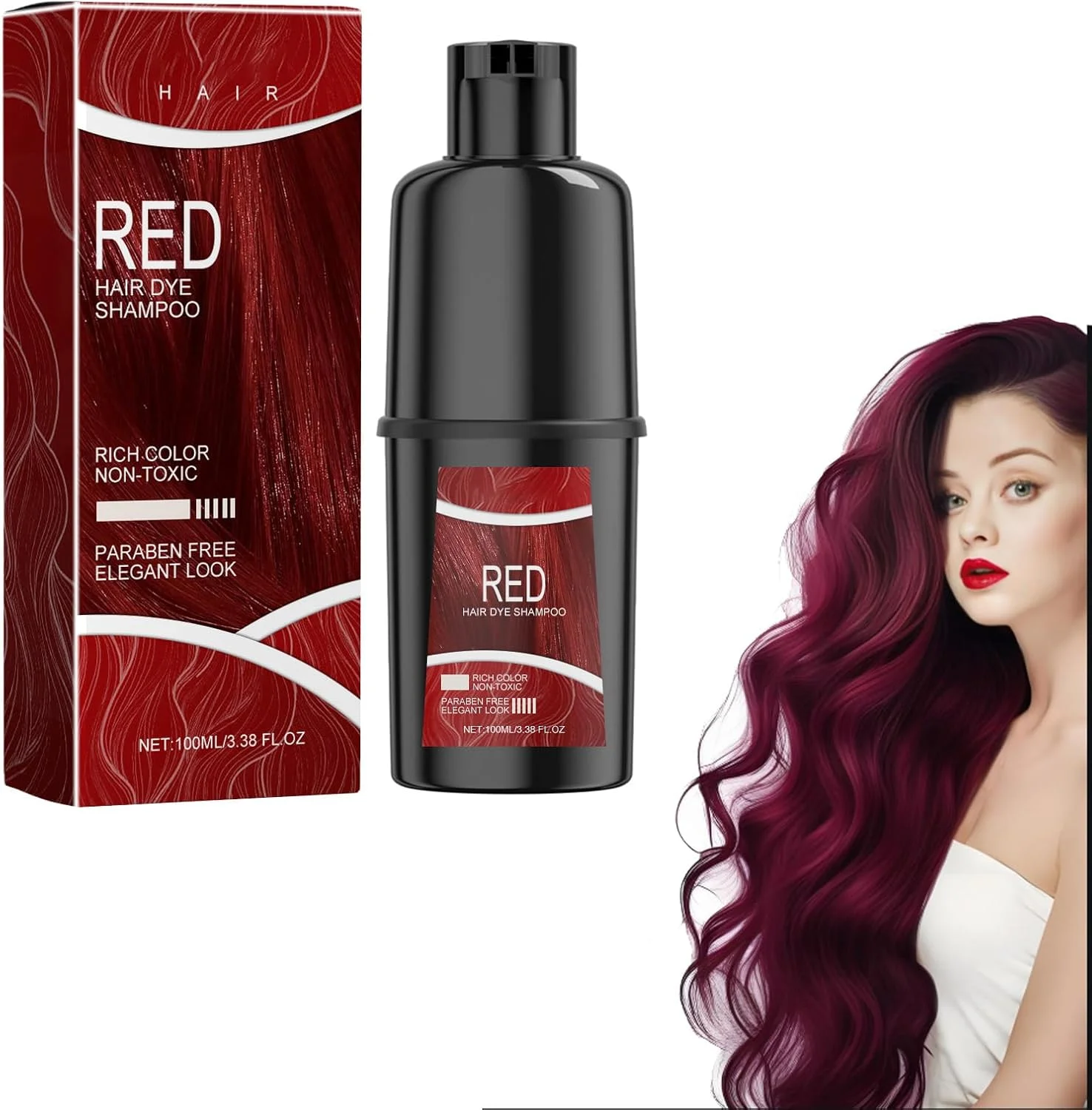 شامپو رنگ مو مشکی، شامپو رنگ مو مشکی 3 در 1، شامپو رنگ مو، شامپو از بین برنده سفیدی مو، شامپو رنگ مو با اثر ضد سفیدی مو، شامپو رنگ مو برای موهای رنگ شده، مناسب خانم ها و آقایان، 100 میلی لیتر (قرمز)