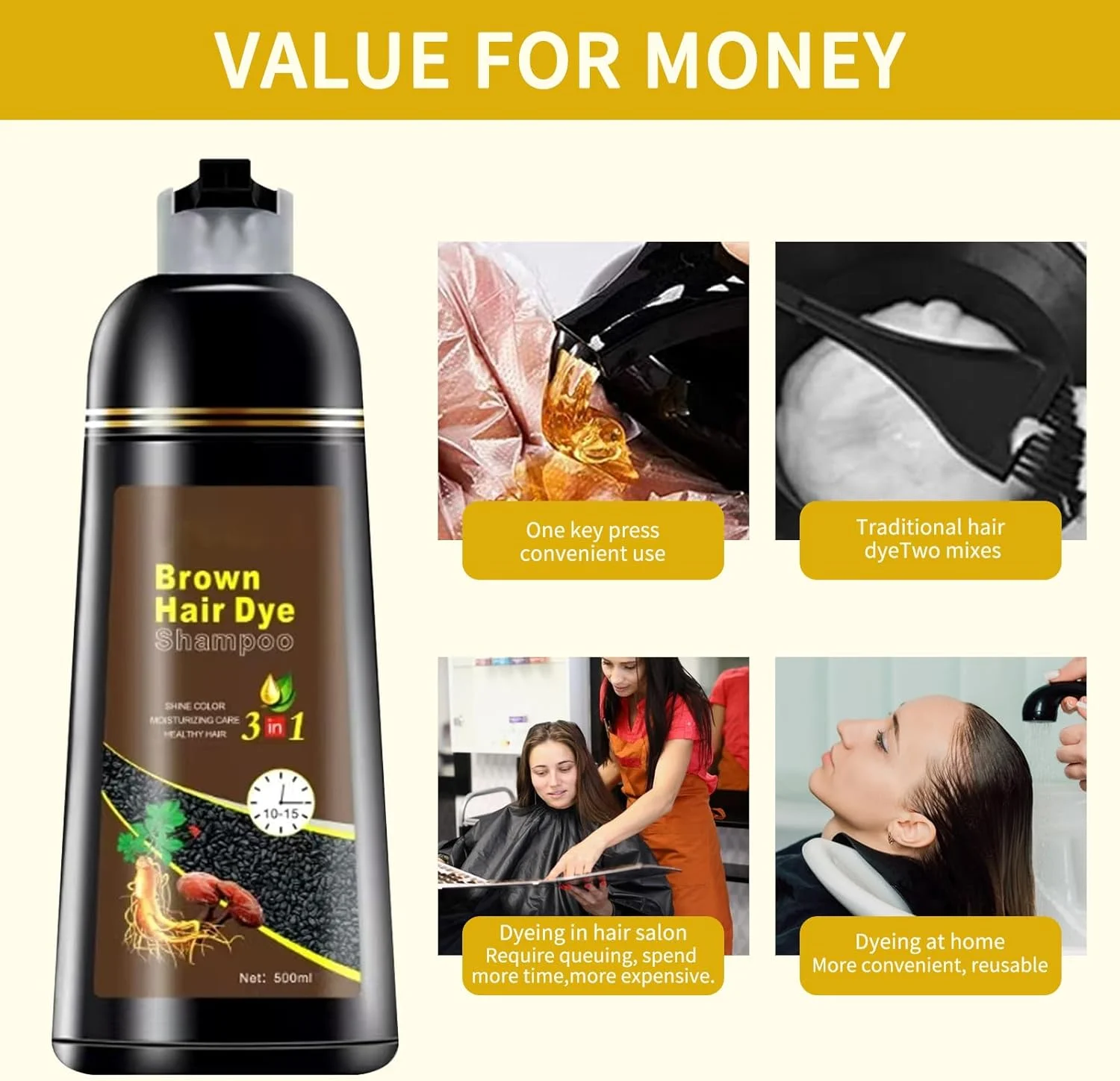 شامپو رنگ مو قهوه ای تیره برای رنگ کردن موهای سفید در عرض چند دقیقه، شامپو رنگ مو، رنگ طبیعی و ماندگار برای آقایان و بانوان 500 میلی لیتر