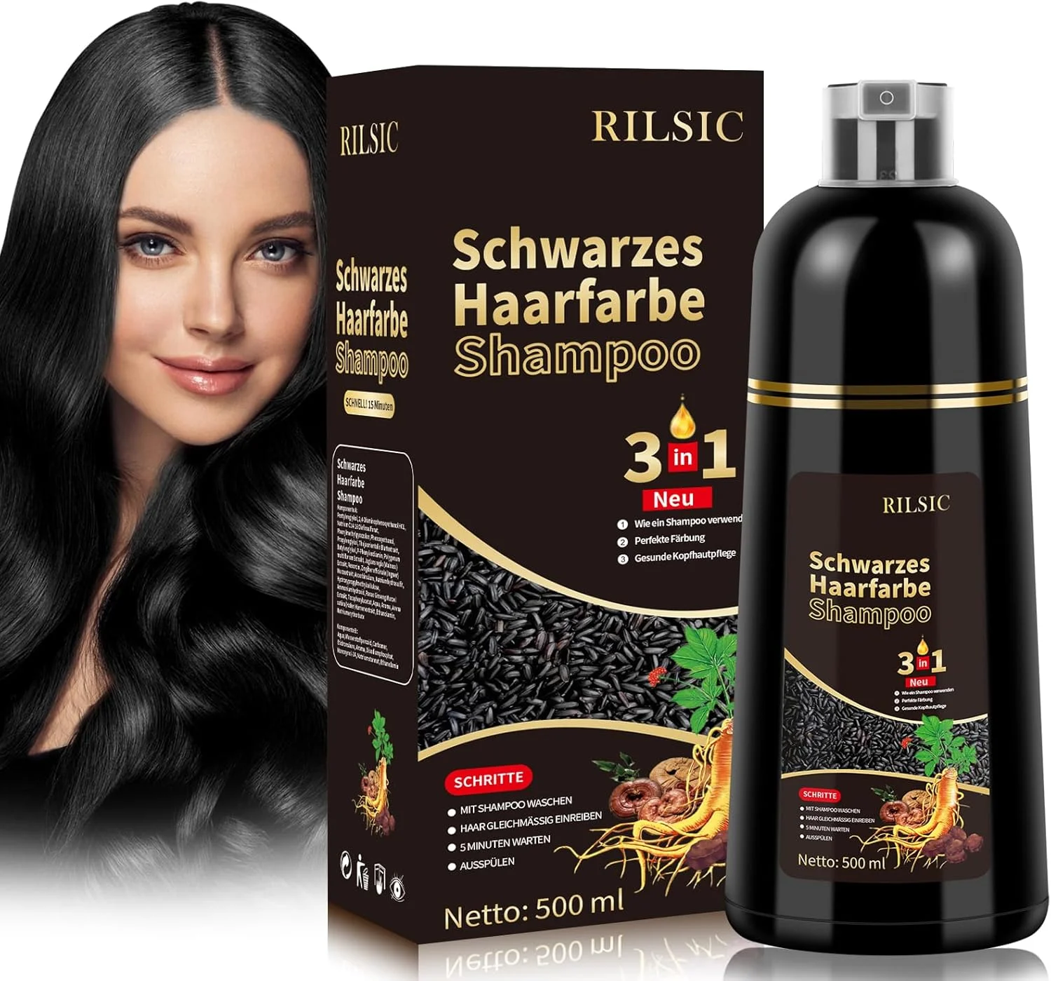 شامپو رنگ مو مشکی 3 در 1، شامپو رنگ مو مشکی برای پوشش موهای سفید، شامپو رنگ مو فوری، شامپو رنگ مو مشکی برای آقایان و بانوان 500 میلی لیتر