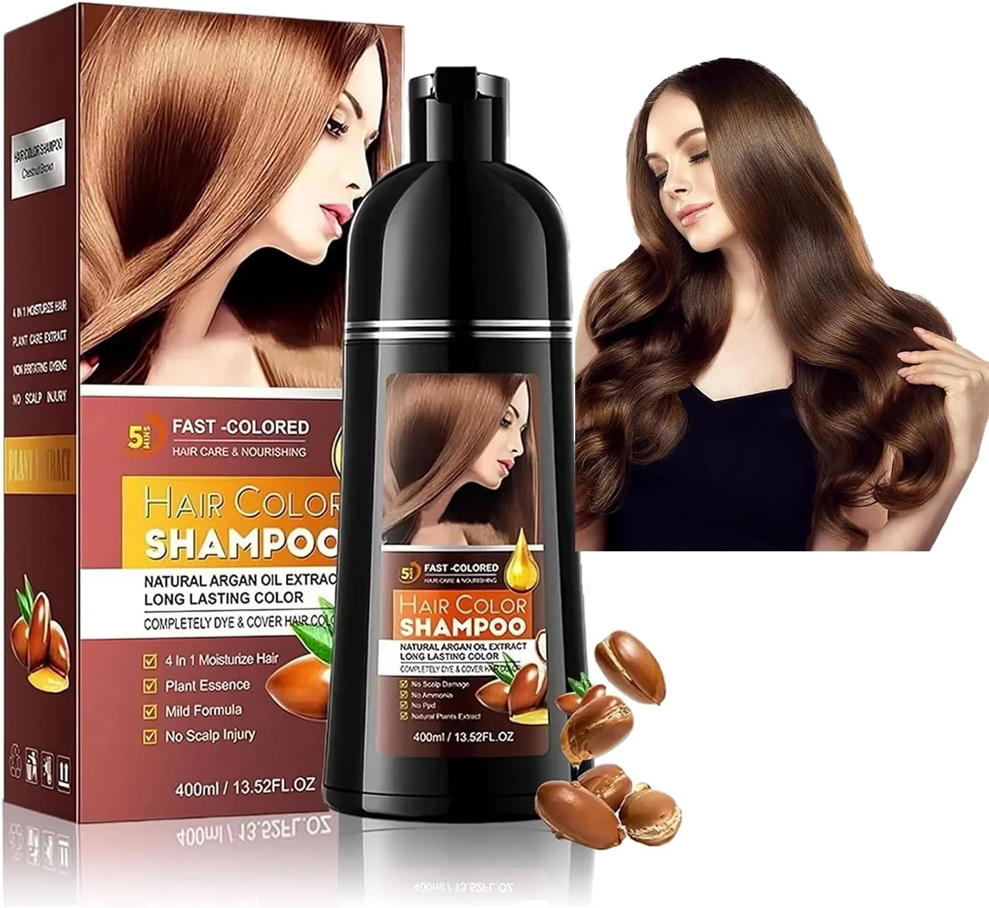 شامپو رنگ مو قهوه ای تیره 400 میلی لیتر، شامپو رنگ مو 3 در 1، شامپو رنگ مو فوری برای آقایان و بانوان