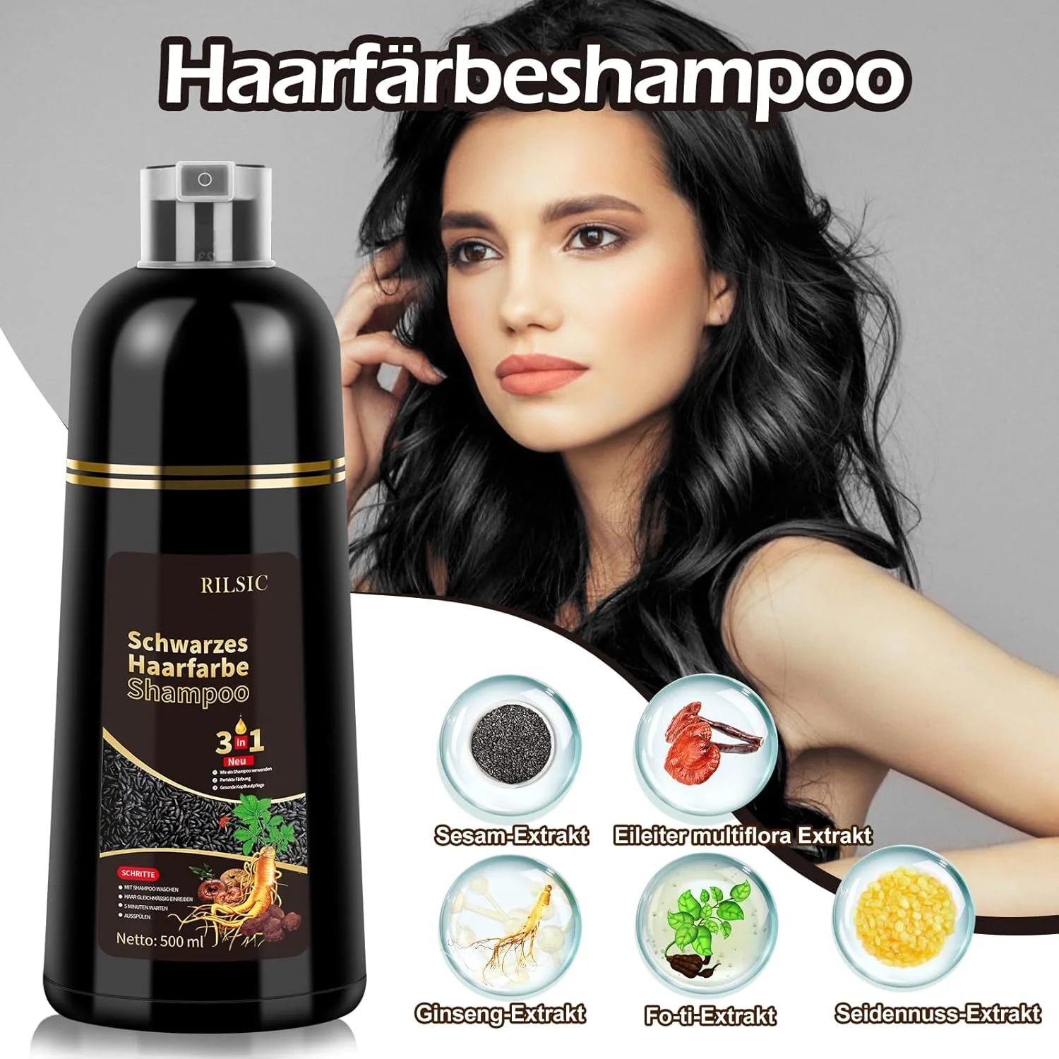 شامپو رنگ مو مشکی 3 در 1، شامپو رنگ مو مشکی برای پوشش موهای سفید، شامپو رنگ مو فوری، شامپو رنگ مو مشکی برای آقایان و بانوان 500 میلی لیتر