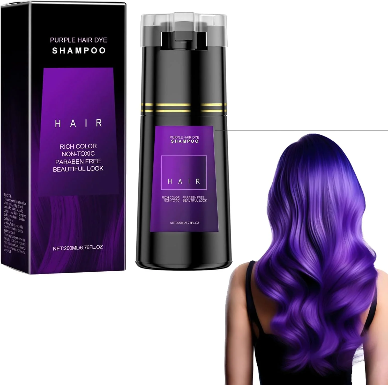 شامپو رنگ مو مشکی، شامپو رنگ مو مشکی 3 در 1، شامپو رنگ مو، شامپو از بین برنده موهای سفید، شامپو رنگ مو با اثر ضد سفیدی مو برای موهای رنگ شده، برای زنان و مردان، 200 میلی لیتر (بنفش)