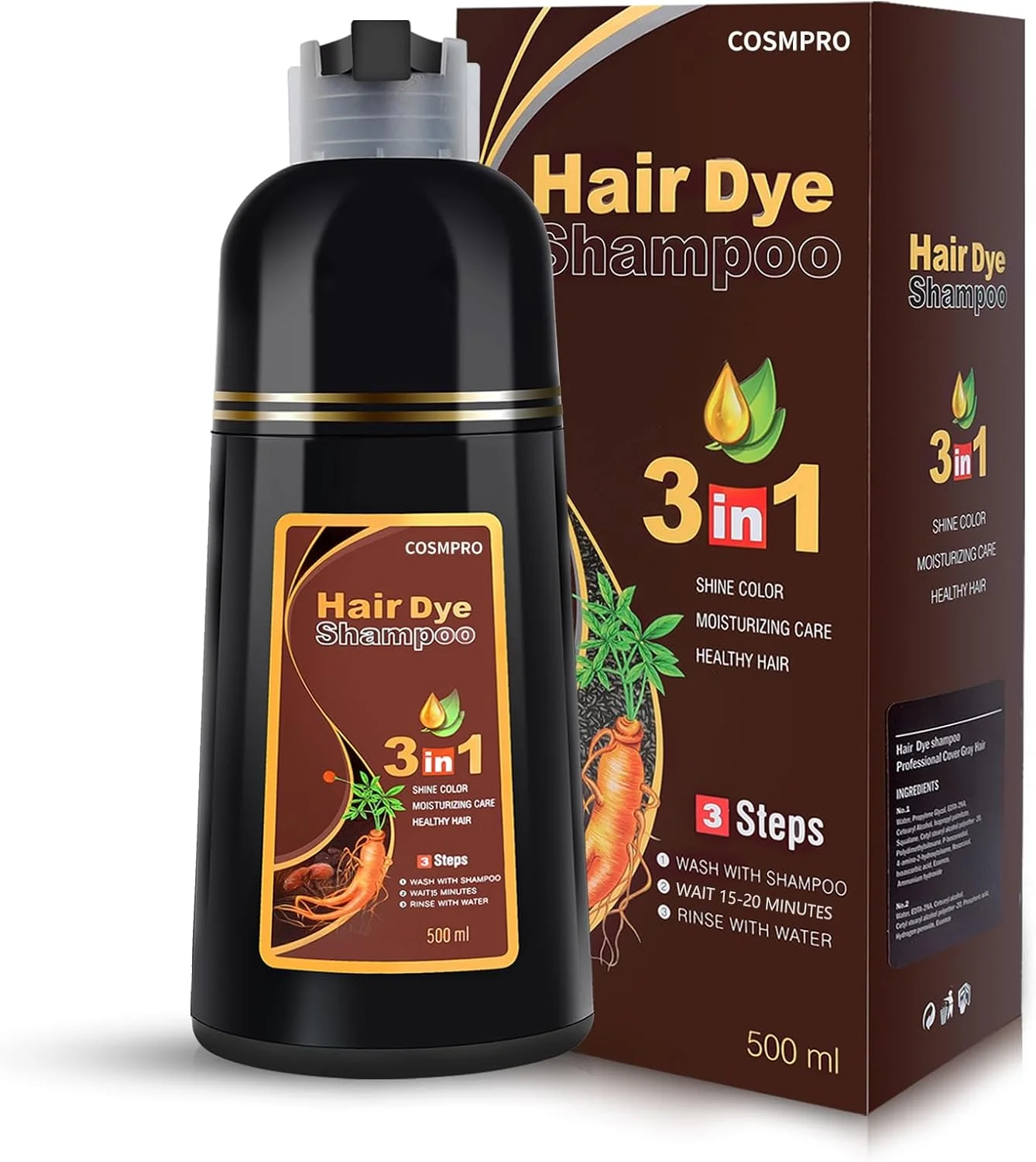 شامپو رنگ مو قهوه ای شاه بلوطی پوشش رنگ مو برای موهای خاکستری شامپو رنگ مو گیاهی 3 در 1 برای مردان و زنان، شامپو رنگ فوری