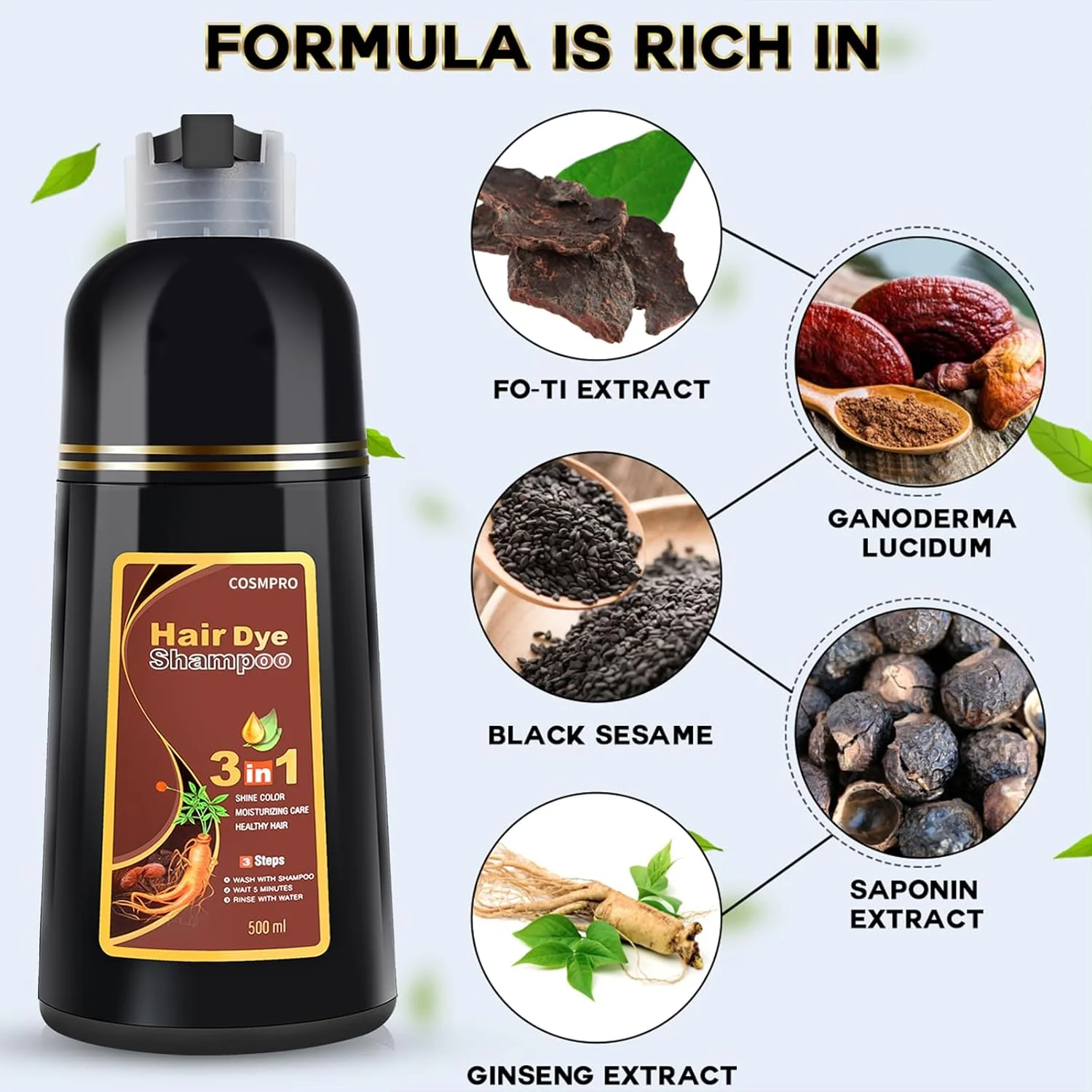 شامپو رنگ مو قهوه ای شاه بلوطی پوشش رنگ مو برای موهای خاکستری شامپو رنگ مو گیاهی 3 در 1 برای مردان و زنان، شامپو رنگ فوری