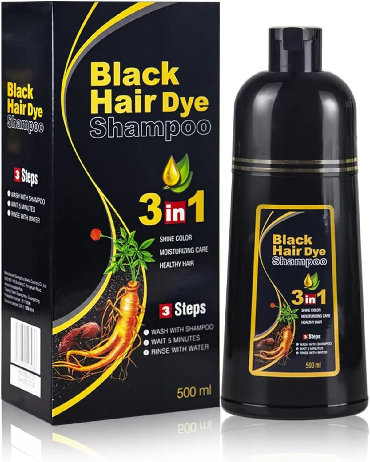 شامپو رنگ مو مشکی 500 میلی لیتری، شامپو رنگ مو 3 در 1 برای موهای سفید، شامپو شستشوی مو بدون آمونیاک بعد از 5 دقیقه، پوشش موهای سفید، رنگ براق، مراقبت مرطوب کننده، موهای سالم برای آقایان و خانم ها