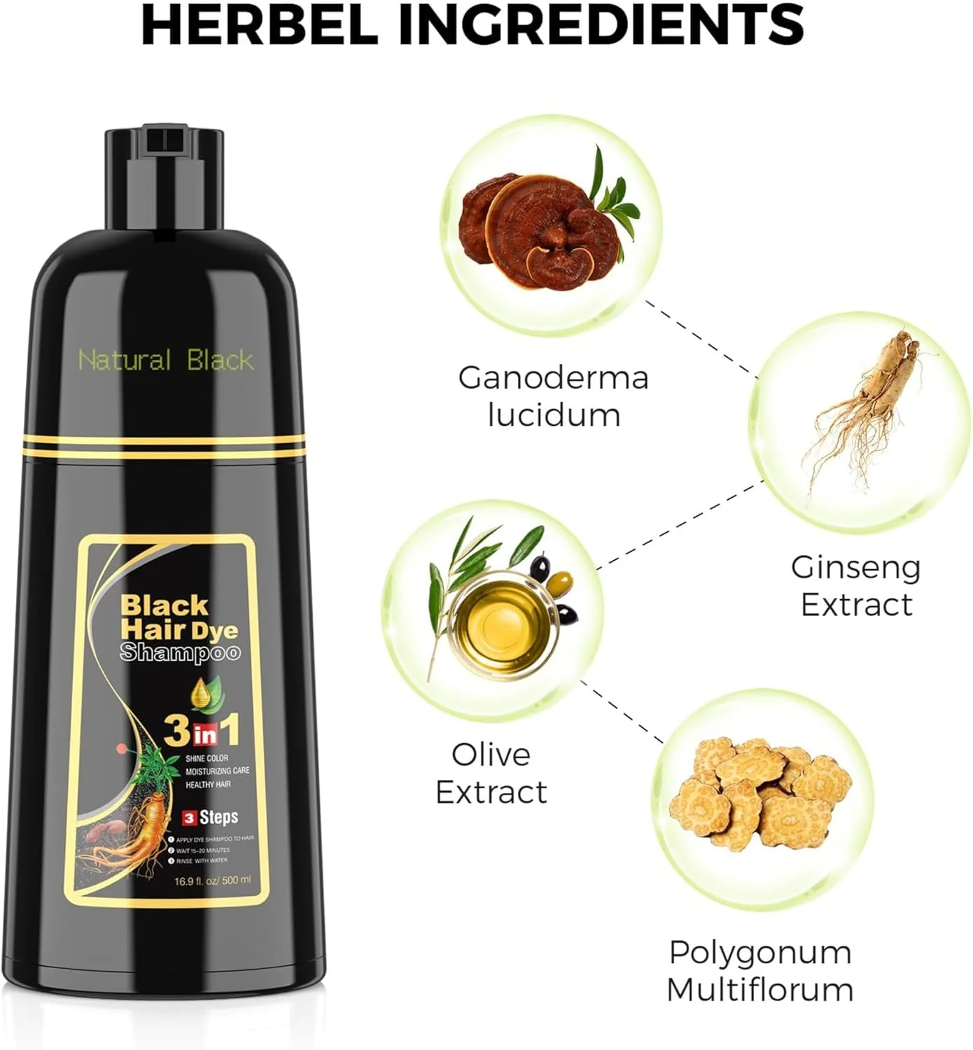 شامپو رنگ مو مشکی 500 میلی لیتری، شامپو رنگ مو 3 در 1 برای موهای سفید، شامپو شستشوی مو بدون آمونیاک بعد از 5 دقیقه، پوشش موهای سفید، رنگ براق، مراقبت مرطوب کننده، موهای سالم برای آقایان و خانم ها