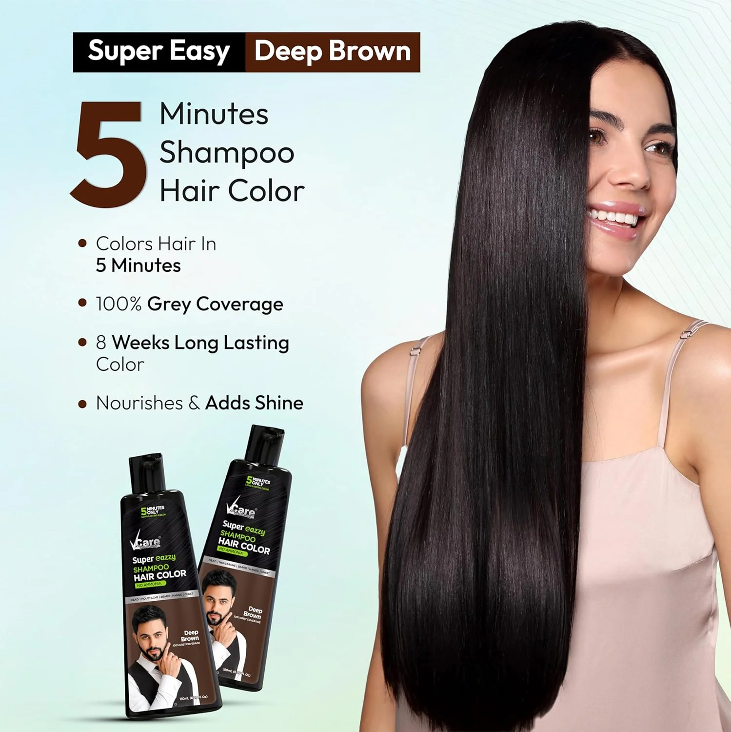 شامپو رنگ موی وی‌کر سوپر ایزی برای زنان و مردان 180 میلی لیتر | رنگ موی ریشه در 5 دقیقه | مناسب سر، سبیل، ریش، دست ها، سینه | بدون پارابن، آمونیاک و سولفات (قهوه ای تیره)