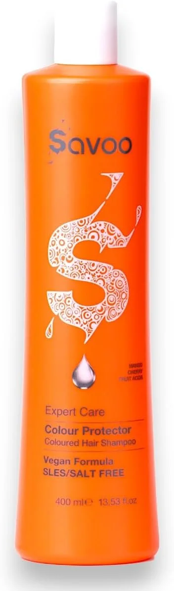 شامپو وگان SAVOO برای موهای رنگ شده 400 میلی لیتر | حاوی اسیدهای میوه، انبه و گیلاس | محافظت از رنگ، مغذی و باز کننده گره مو | بدون سولفات، بدون پارابن، بدون تست حیوانی