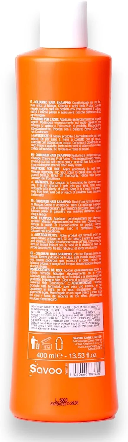 شامپو وگان SAVOO برای موهای رنگ شده 400 میلی لیتر | حاوی اسیدهای میوه، انبه و گیلاس | محافظت از رنگ، مغذی و باز کننده گره مو | بدون سولفات، بدون پارابن، بدون تست حیوانی شامپو وگان SAVOO برای موهای رنگ شده 400 میلی لیتر | حاوی اسیدهای میوه، انبه و گیلاس | محافظت از رنگ، مغذی و باز کننده گره مو | بدون سولفات، بدون پارابن، بدون تست حیوانی