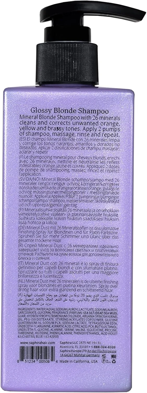 شامپو موی بلوند براق سفیره برای موهای بلوند طبیعی، دکلره شده و رنگ شده، بدون سولفات و پارابن، ترمیم کننده، پاک کننده، مغذی و آبرسان موهای بلوند، 250 میلی لیتر