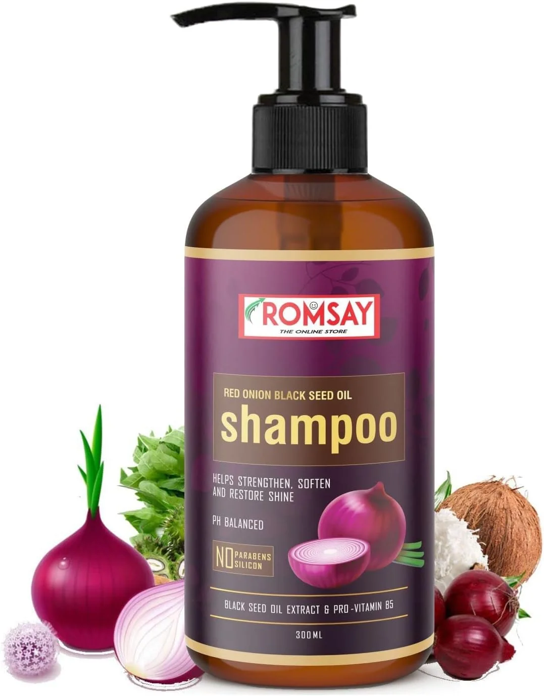 شامپو پیاز قرمز رامسی حاوی عصاره روغن دانه پیاز قرمز و سیاه برای رشد و تقویت مو، کنترل ریزش مو و شوره سر، بدون پارابن، بدون سیلیکون، بدون سولفات، بدون رنگ 300 میلی لیتر