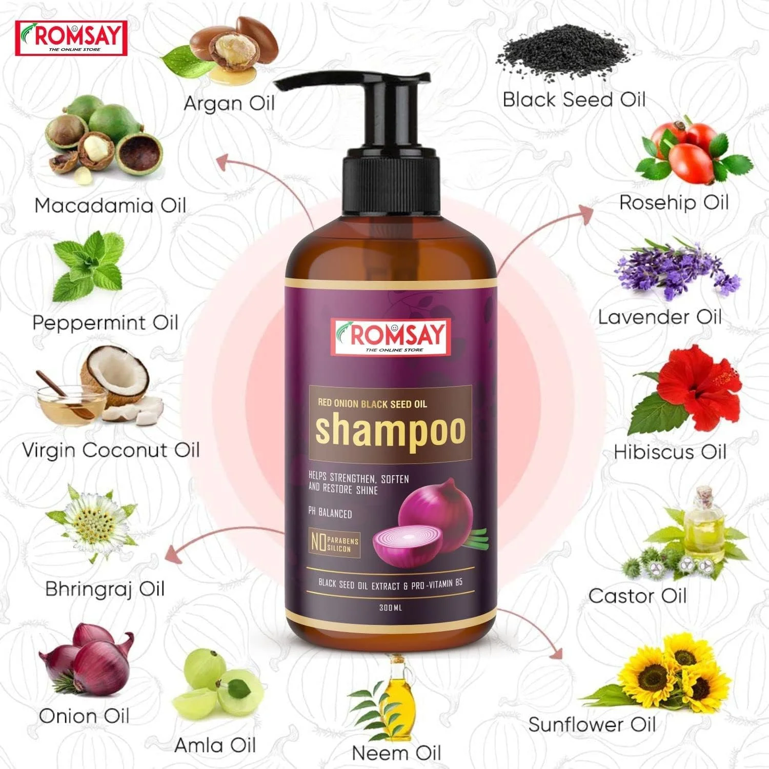 شامپو پیاز قرمز رامسی حاوی عصاره روغن دانه پیاز قرمز و سیاه برای رشد و تقویت مو، کنترل ریزش مو و شوره سر، بدون پارابن، بدون سیلیکون، بدون سولفات، بدون رنگ 300 میلی لیتر