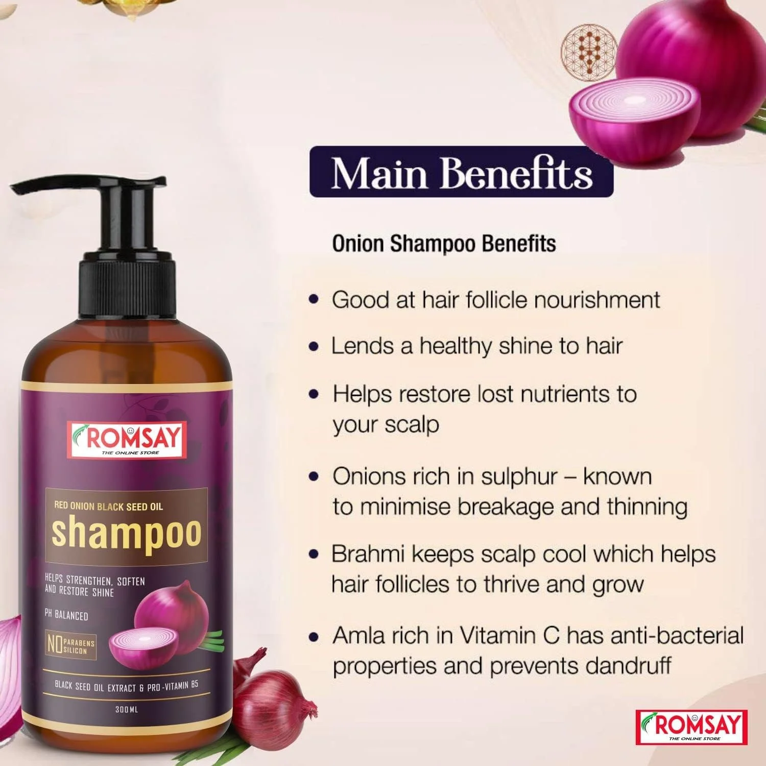 شامپو پیاز قرمز رامسی حاوی عصاره روغن دانه پیاز قرمز و سیاه برای رشد و تقویت مو، کنترل ریزش مو و شوره سر، بدون پارابن، بدون سیلیکون، بدون سولفات، بدون رنگ 300 میلی لیتر