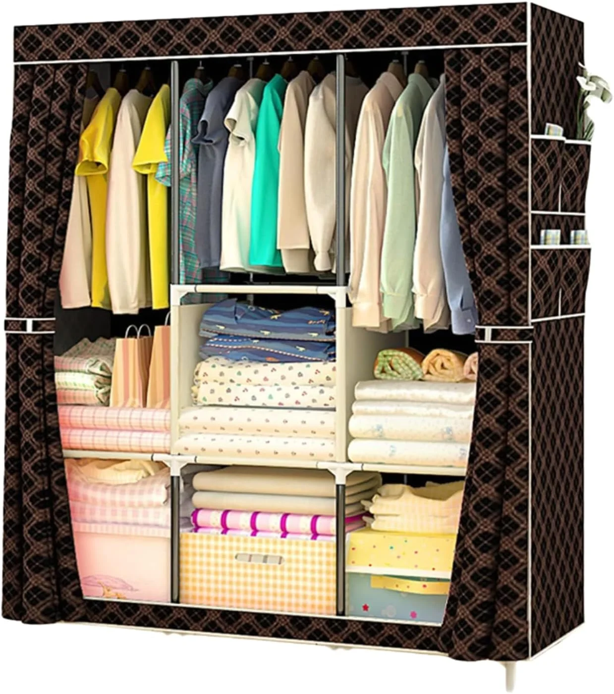 کمد لباس قابل حمل تزویق مناسب اتاق کوچک، کمد نگهداری لباس با میله آویز، قفسه سازمان دهنده لباس با روکش پارچه ای نبافته، 106 * 45 * 158 سانتی متر، مشکی طلایی