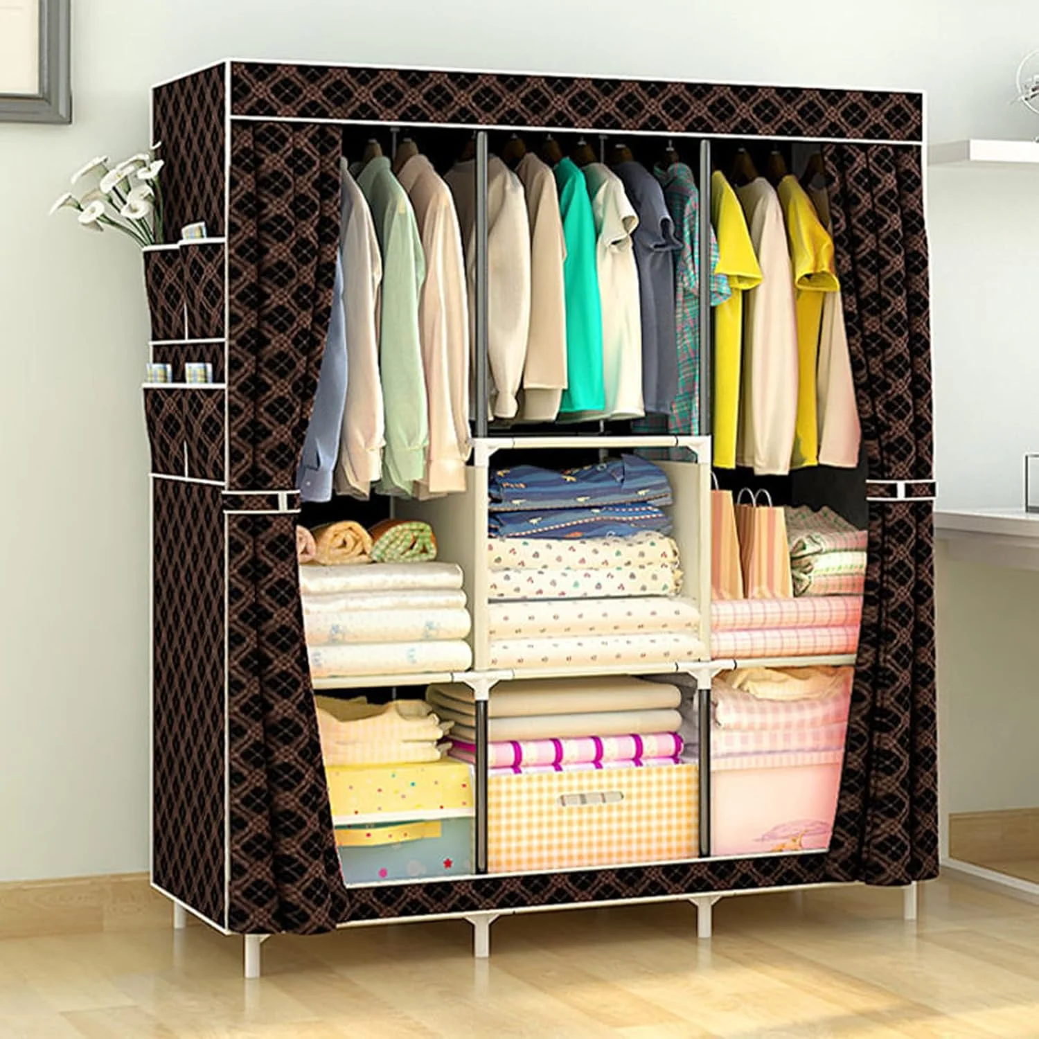 کمد لباس قابل حمل تزویق مناسب اتاق کوچک، کمد نگهداری لباس با میله آویز، قفسه سازمان دهنده لباس با روکش پارچه ای نبافته، 106 * 45 * 158 سانتی متر، مشکی طلایی