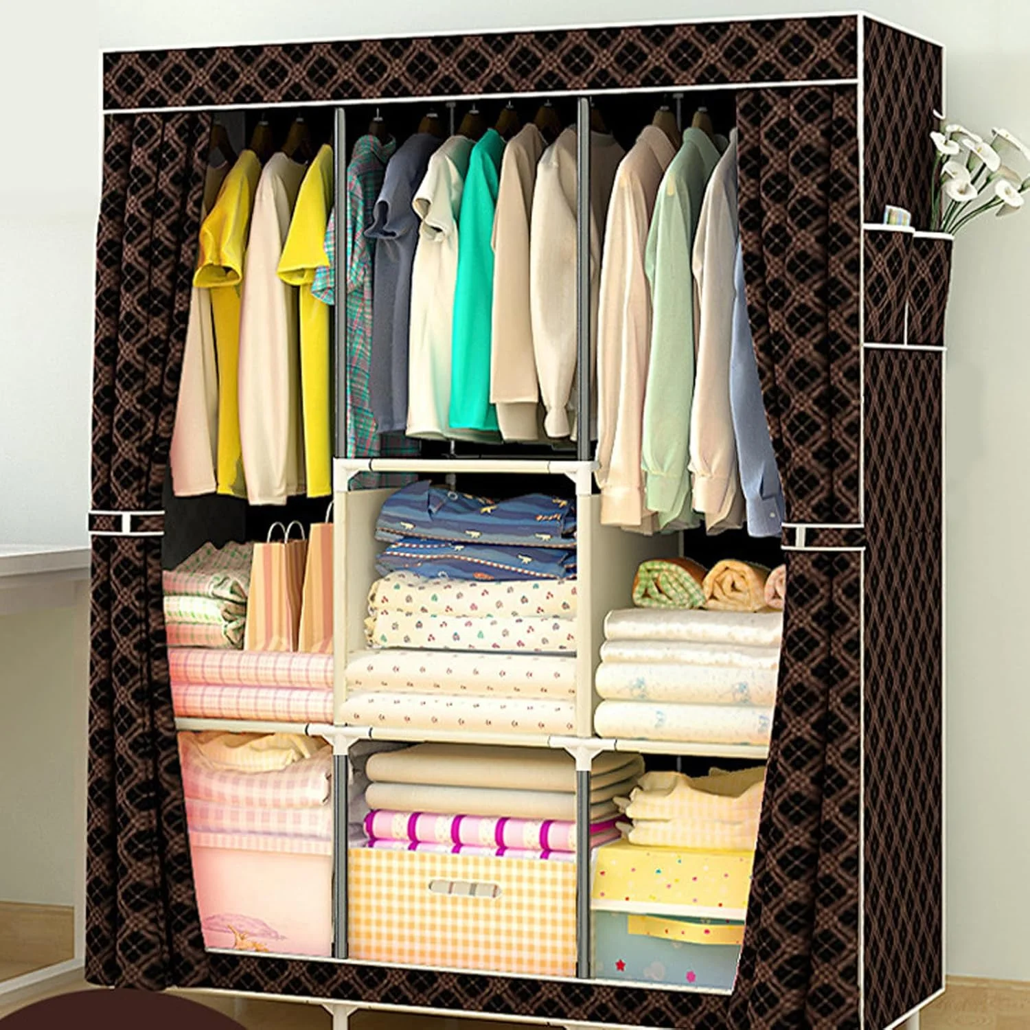 کمد لباس قابل حمل تزویق مناسب اتاق کوچک، کمد نگهداری لباس با میله آویز، قفسه سازمان دهنده لباس با روکش پارچه ای نبافته، 106 * 45 * 158 سانتی متر، مشکی طلایی