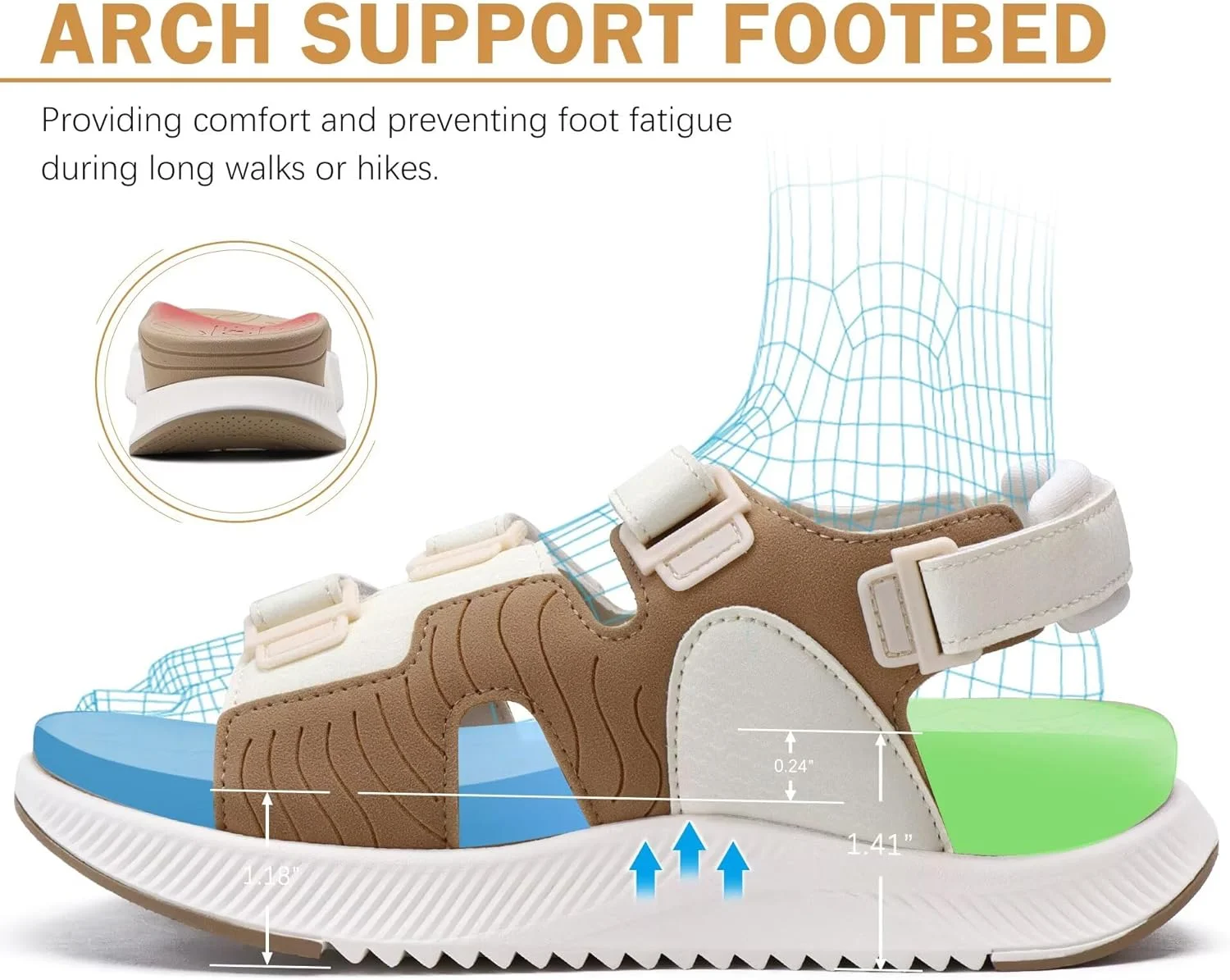 صندل پیاده روی زنانه اونکای با پشتیبانی از قوس پا، صندل های ورزشی پیاده روی زنانه، کفی طبی مناسب فضای باز برای پلانتار فاسیایتی، صندل های تابستانی زنانه با بند قابل تنظیم