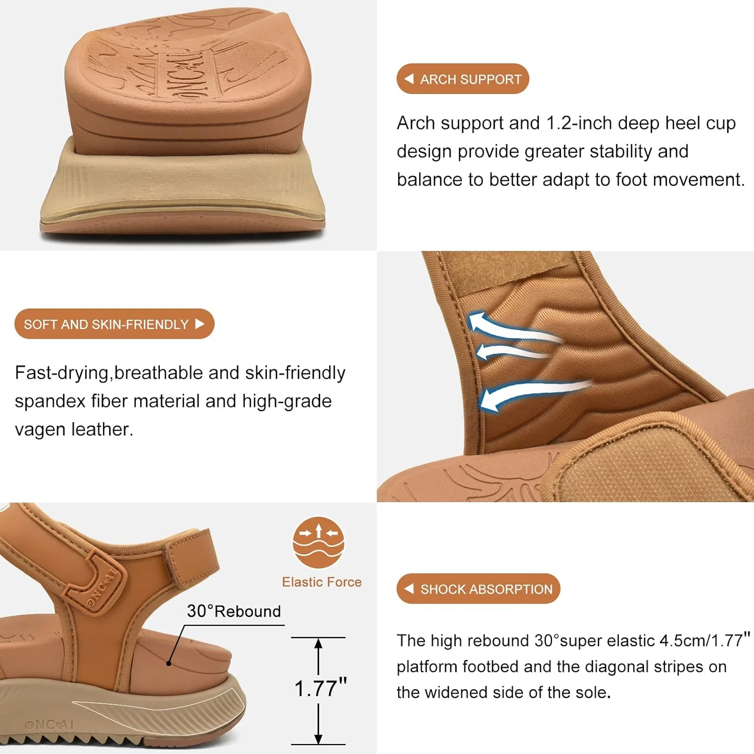 صندل های تخت زنانه ONCAI با پشتیبانی از قوس پا، دو بند قابل تنظیم، صندل های لغزنده با زیره لاستیکی ضد لغزش
