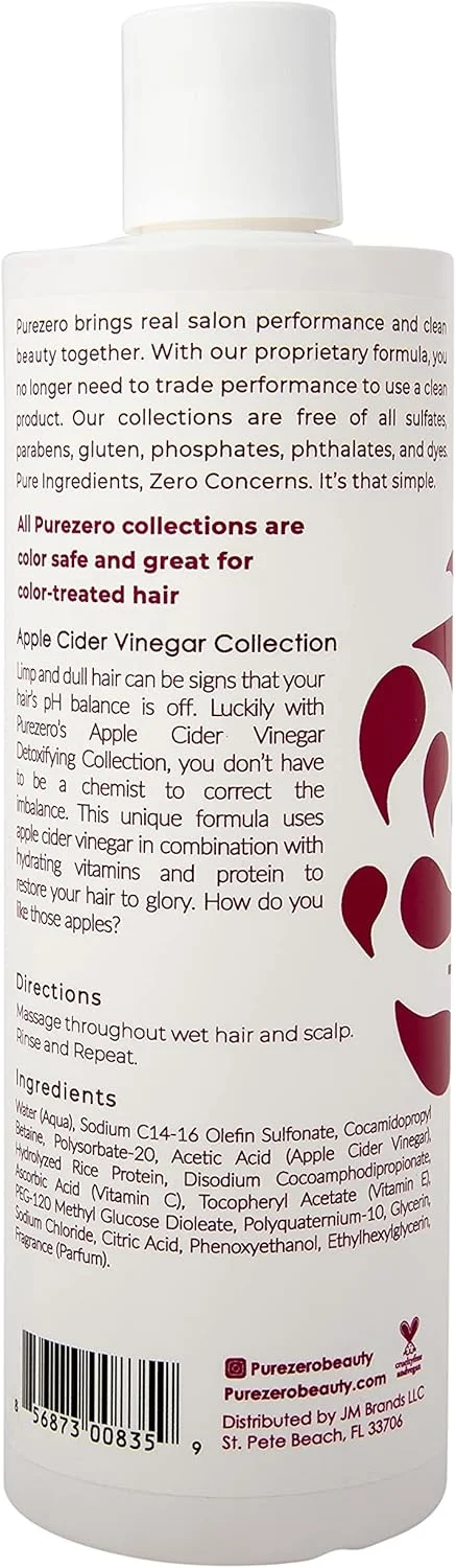 شامپو سم زدای سرکه سیب Purezero، 355 میلی لیتر - سم زدایی پوست سر و مو - متعادل کننده pH - افزایش آبرسانی - بدون سولفات، پارابن، رنگ - 100% گیاهی و بدون تست حیوانی شامپو سم زدای سرکه سیب Purezero، 355 میلی لیتر - سم زدایی پوست سر و مو - متعادل کننده pH - افزایش آبرسانی - بدون سولفات، پارابن، رنگ - 100% گیاهی و بدون تست حیوانی