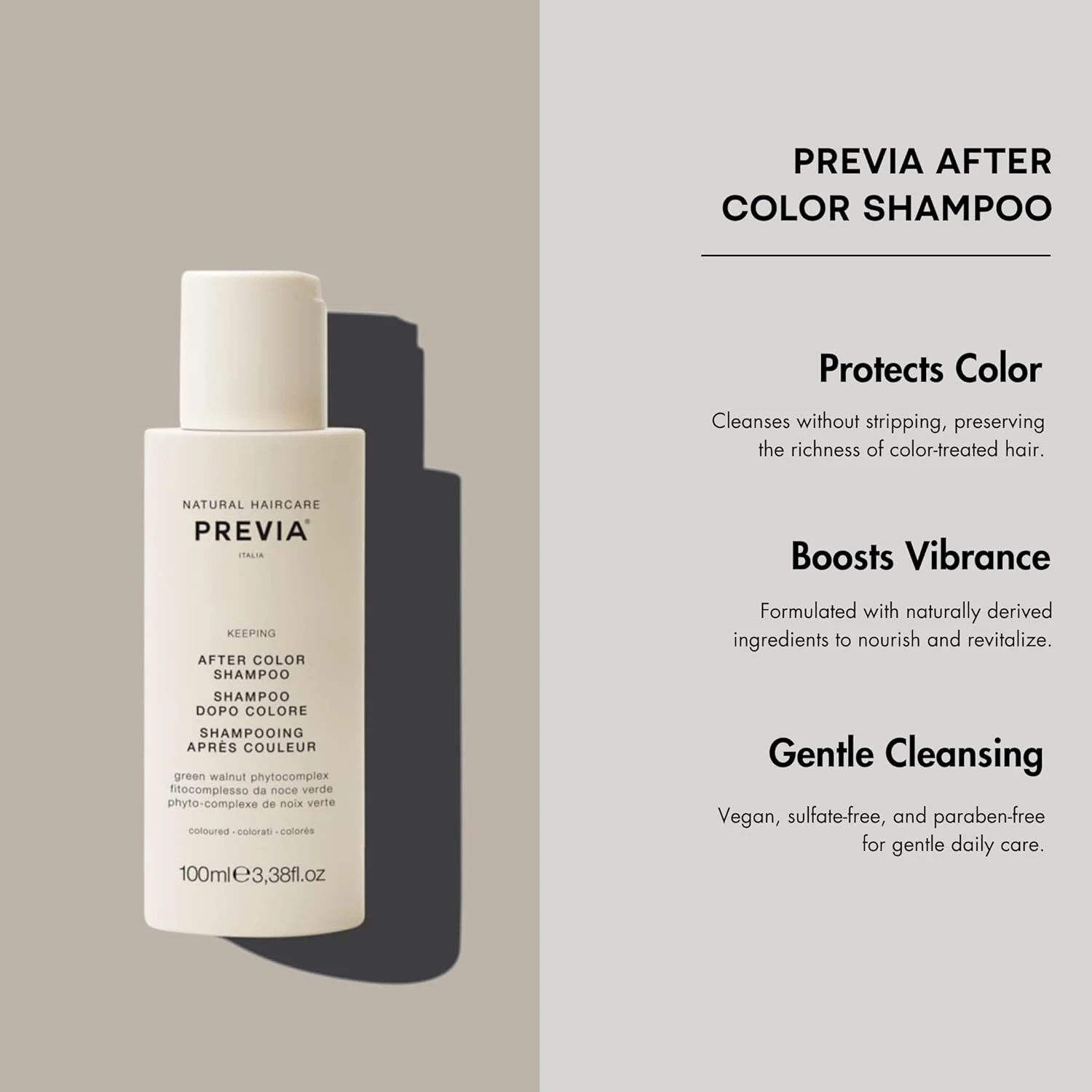 شامپو محافظ رنگ مو پرِویا، شامپو محافظت از موهای رنگ شده، شامپو طبیعی برای محافظت از رنگ و شادابی مو، وگان، بدون سولفات و پارابن، 100 میلی لیتر