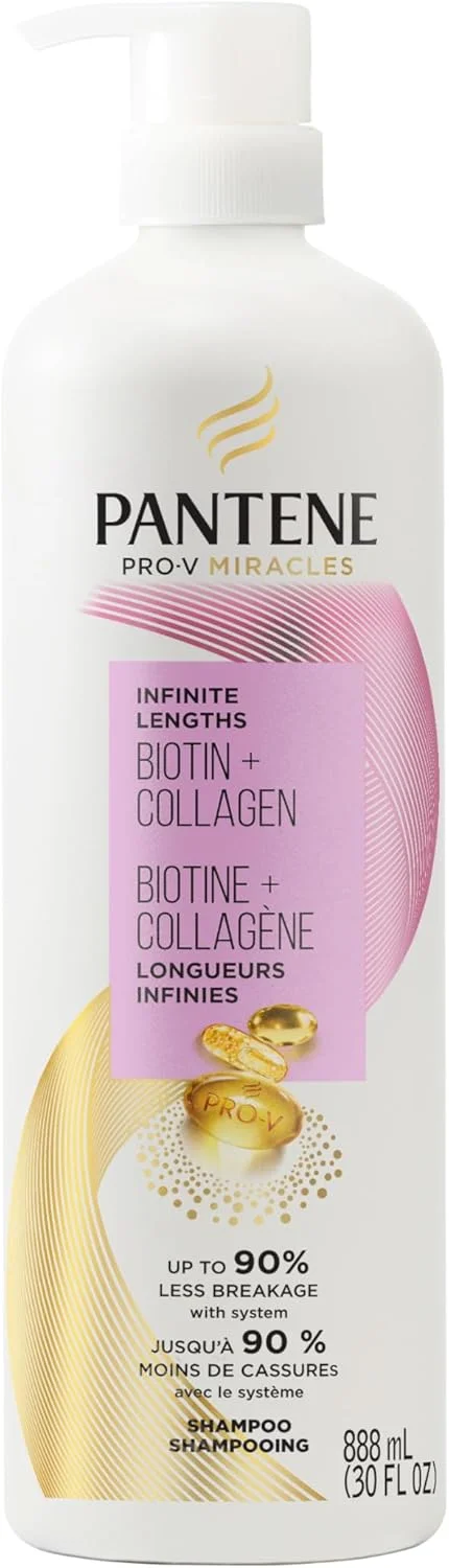 شامپو پنتن Infinite Lengths، بدون سولفات با بیوتین + کلاژن، تقویت کننده موهای شکننده، کاهش شکستگی تا 90٪، ایمن برای موهای رنگ شده، Pro-V Miracles، رایحه گل، 887 میلی لیتر