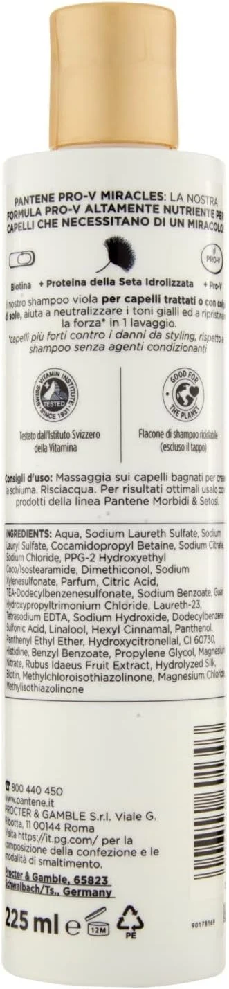 شامپو ضد زردی پنتن Pro-V Miracles Forza حاوی بیوتین و پروتئین ابریشم هیدرولیز شده برای موهای بلوند، رنگ شده یا آفتاب خورده، کمک به بازگرداندن استحکام در 1 بار شستشو