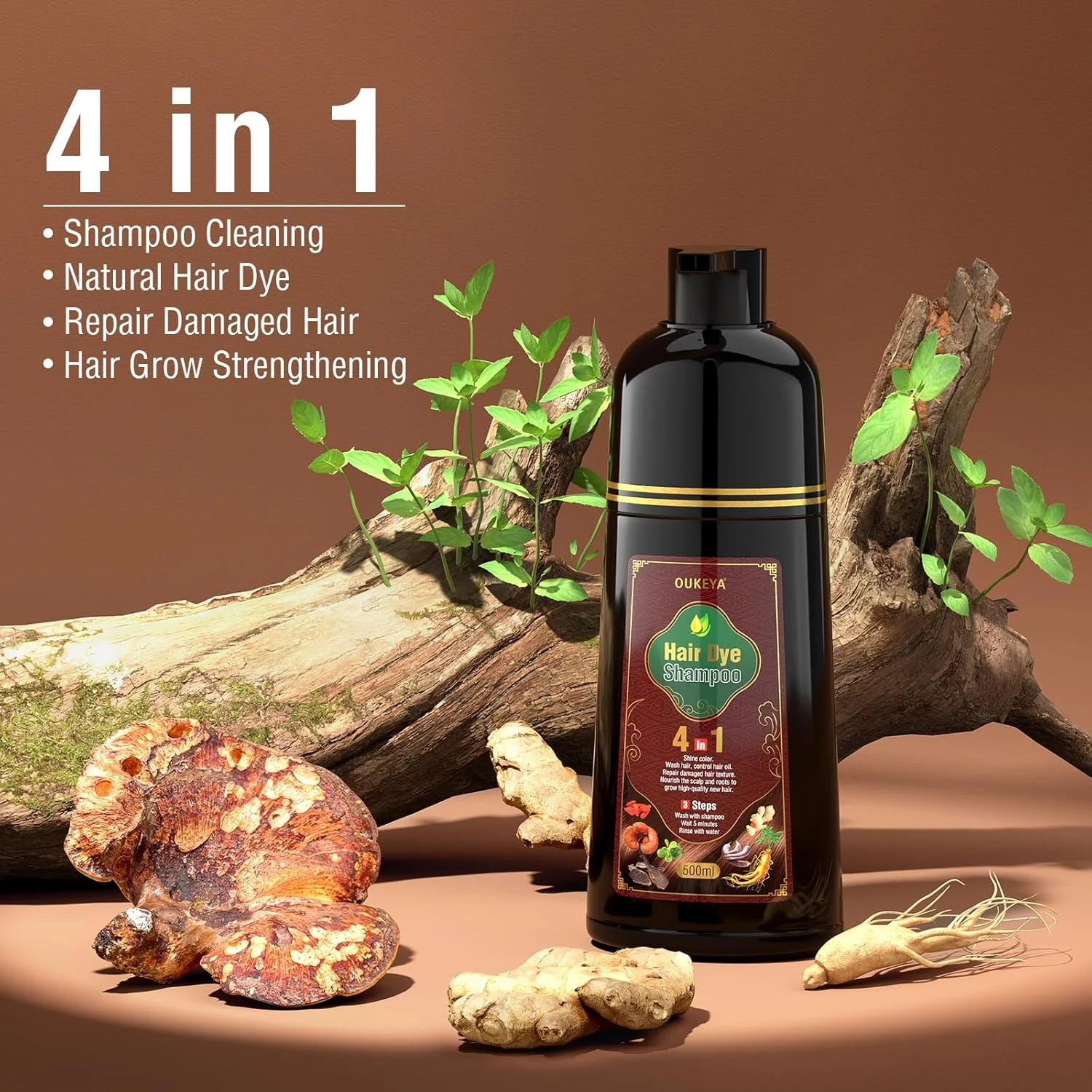 شامپو رنگ موی قهوه ای تیره اوکیا 4 در 1، شامپو رنگ مو برای پوشش موهای سفید برای زنان و مردان، رنگ فوری با مواد گیاهی طبیعی، درمان های حرفه ای در سطح سالن