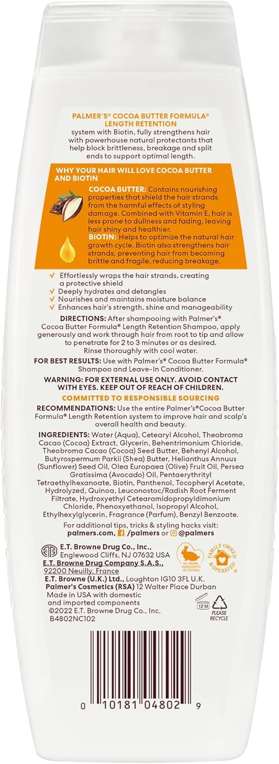 نرم کننده مو حاوی بیوتین و کره کاکائو پالمِرز - حاوی ویتامین ای - پاک کننده ملایم - تقویت کننده مو - کاهش گره خوردگی - حفظ رطوبت - فاقد سولفات، سیلیکون، پارابن و روغن معدنی - 400 میلی لیتر