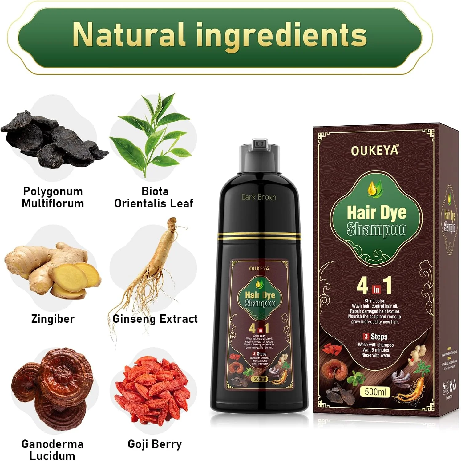 شامپو رنگ موی قهوه ای تیره اوکیا 4 در 1، شامپو رنگ مو برای پوشش موهای سفید برای زنان و مردان، رنگ فوری با مواد گیاهی طبیعی، درمان های حرفه ای در سطح سالن