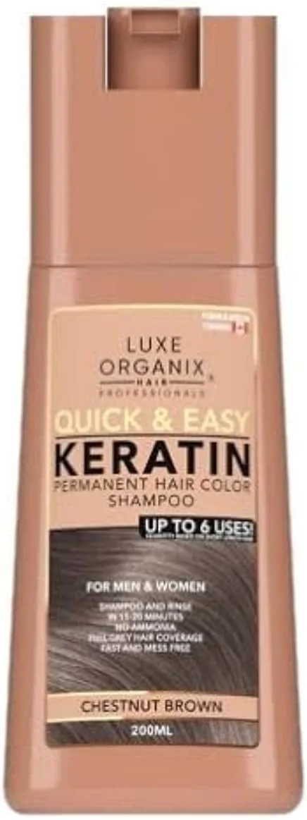 شامپو رنگ موی دائمی کراتینه سریع و آسان Luxe Organix، تا 6 بار استفاده برای آقایان و بانوان (قهوه ای شاه بلوطی)