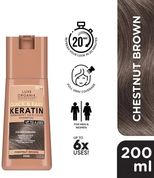 شامپو رنگ موی دائمی کراتینه سریع و آسان Luxe Organix، تا 6 بار استفاده برای آقایان و بانوان (قهوه ای شاه بلوطی)