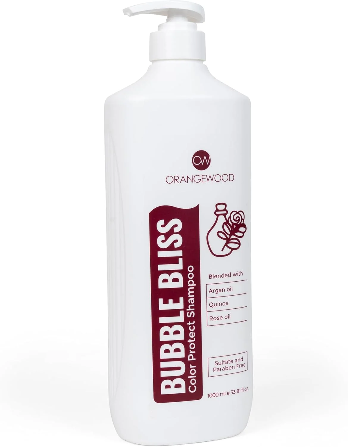 شامپو محافظ رنگ مو اورنج وود Bubble Bliss با تغذیه مو، استحکام پیوند و درخشندگی رنگ حاوی روغن های کینوا، آرگان و رز، بدون سولفات و پارابن، مناسب برای آقایان و بانوان (وارداتی) 1000 میلی لیتر
