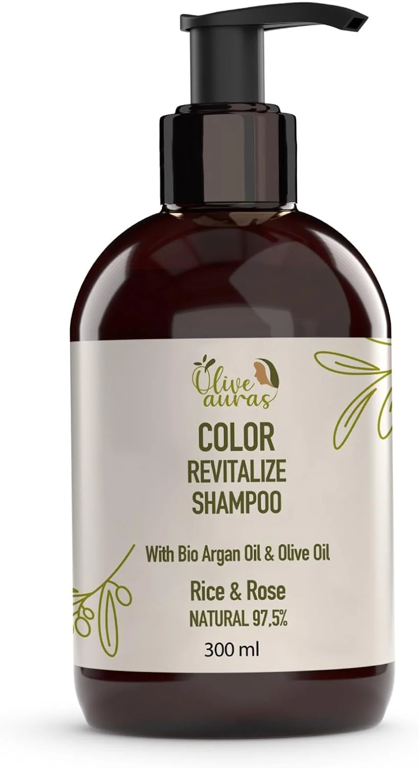 شامپو احیا کننده رنگ مو Olive Auras - حفظ شادابی موهای شما، شامپو مو با 97.5% مواد طبیعی، روغن زیتون ارگانیک، روغن آرگان، 300 میلی لیتر، شامپو برنج و گل رز، ملایم و موثر