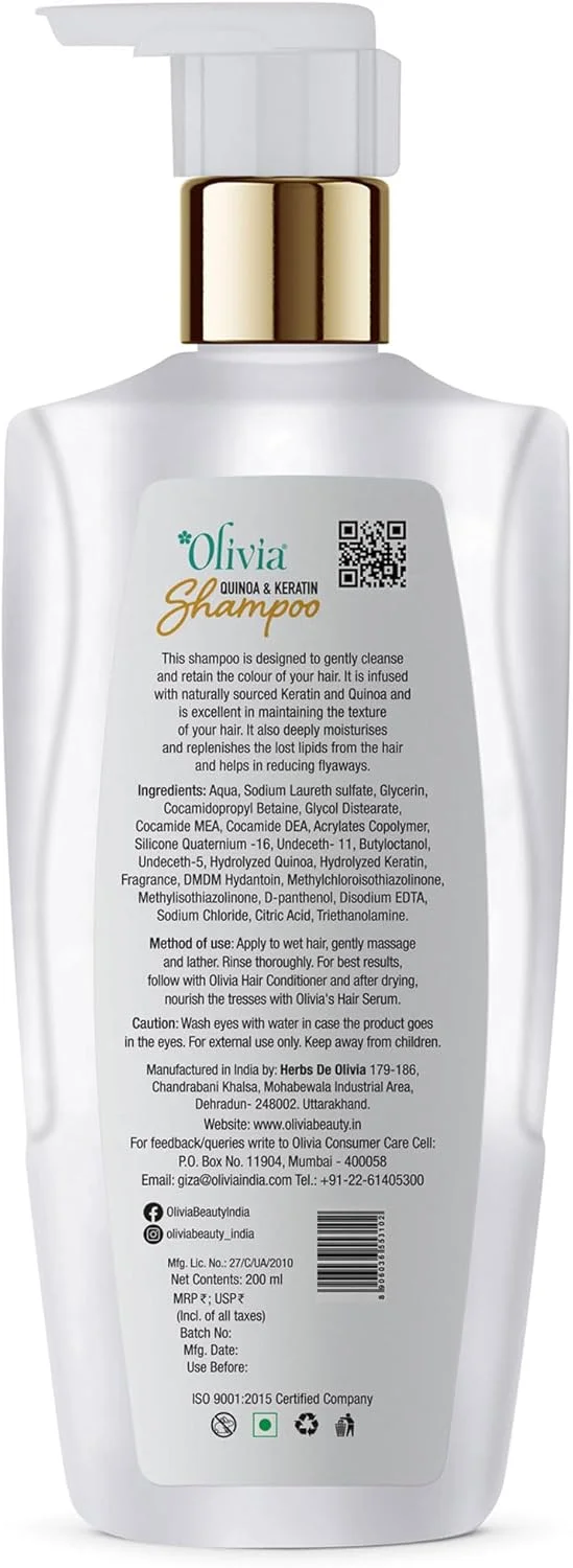 شامپو محافظ رنگ مو الیویا حاوی کینوا و کراتین، 200 میلی لیتر | برای موهای خشک و وز | موها را نرم و براق می کند | 100% مواد طبیعی | بدون رنگ و مواد شیمیایی مضر | فاقد پارابن