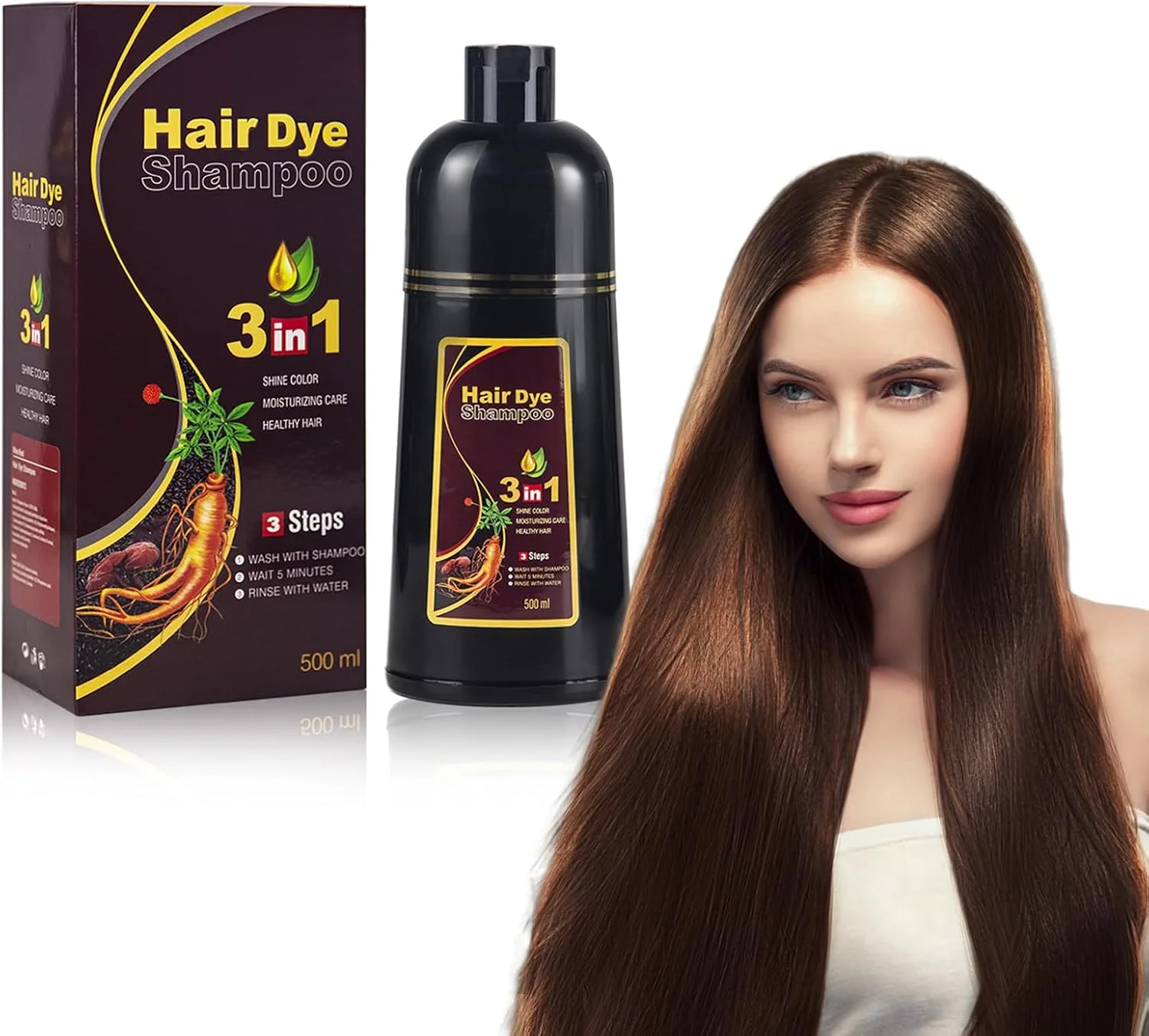 شامپو سنتلا Nmbol، شامپو رنگ موی مشکی، شامپو رنگ موی مشکی 3 در 1 ضد موهای سفید، شامپو رنگ مو برای موهای سفید، شامپو رنگ موی مشکی فوری، برای آقایان و بانوان، 500 میلی لیتر، قهوه ای طبیعی، شامپو سنتلا نمک دریایی پاک کننده