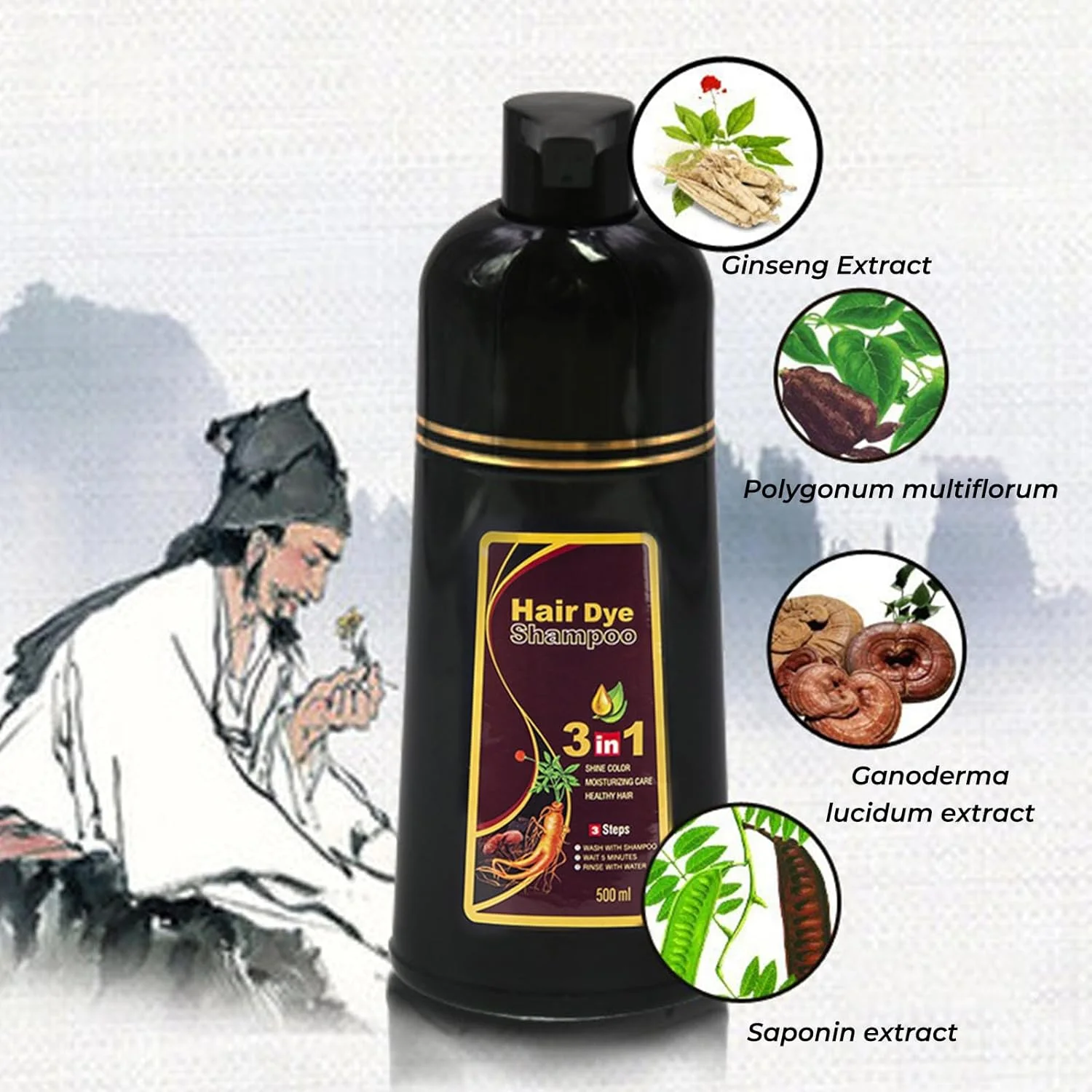 شامپو سنتلا Nmbol، شامپو رنگ موی مشکی، شامپو رنگ موی مشکی 3 در 1 ضد موهای سفید، شامپو رنگ مو برای موهای سفید، شامپو رنگ موی مشکی فوری، برای آقایان و بانوان، 500 میلی لیتر، قهوه ای طبیعی، شامپو سنتلا نمک دریایی پاک کننده