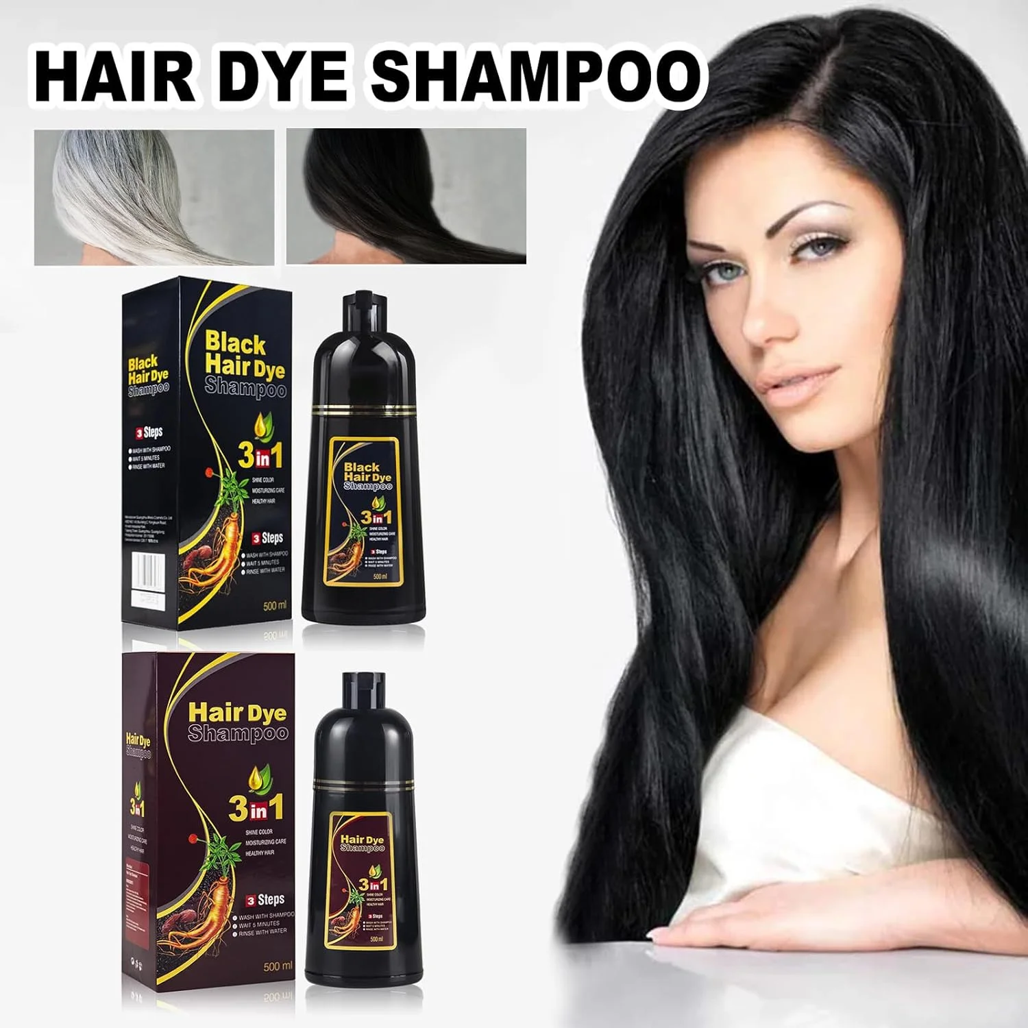 شامپو سنتلا Nmbol، شامپو رنگ موی مشکی، شامپو رنگ موی مشکی 3 در 1 ضد موهای سفید، شامپو رنگ مو برای موهای سفید، شامپو رنگ موی مشکی فوری، برای آقایان و بانوان، 500 میلی لیتر، قهوه ای طبیعی، شامپو سنتلا نمک دریایی پاک کننده