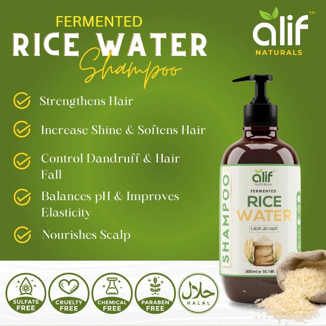 شامپو آب برنج تخمیر شده آلیف نچرالز | فرمول تقویت و رشد کاملا ارگانیک غنی شده با روغن آرگان و کراتین، ضد ریزش مو برای انواع مو - رنگ شده و حالت داده شده
