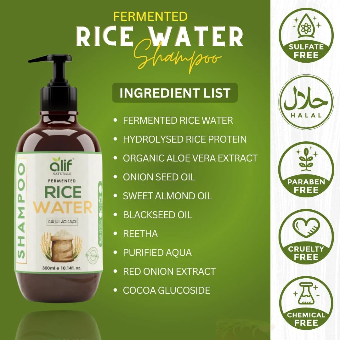 شامپو آب برنج تخمیر شده آلیف نچرالز | فرمول تقویت و رشد کاملا ارگانیک غنی شده با روغن آرگان و کراتین، ضد ریزش مو برای انواع مو - رنگ شده و حالت داده شده