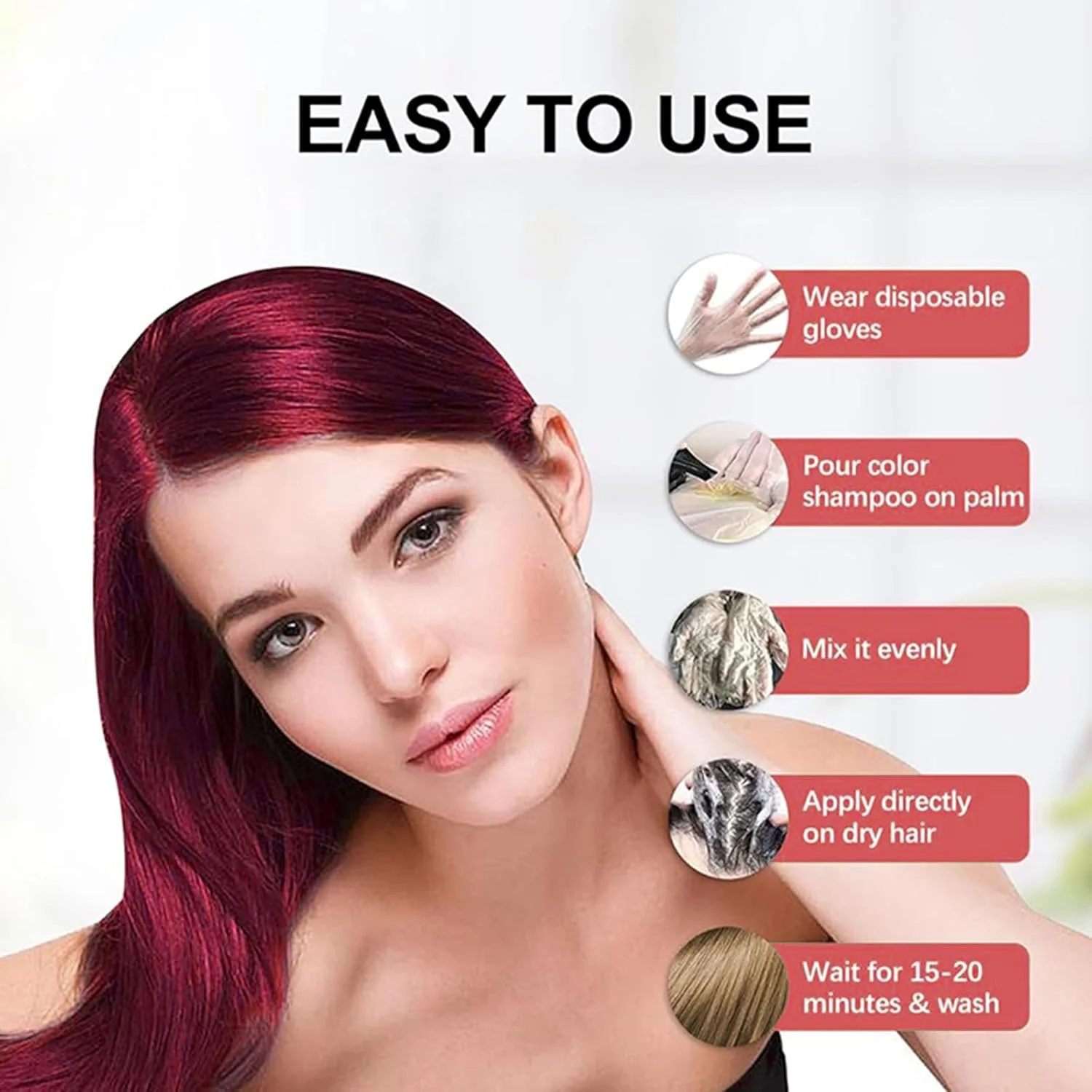 شامپو رنگ موی طبیعی، شامپو رنگ موی فوری برای مردان و زنان، ایمن، بادوام و آسان برای استفاده (قرمز)