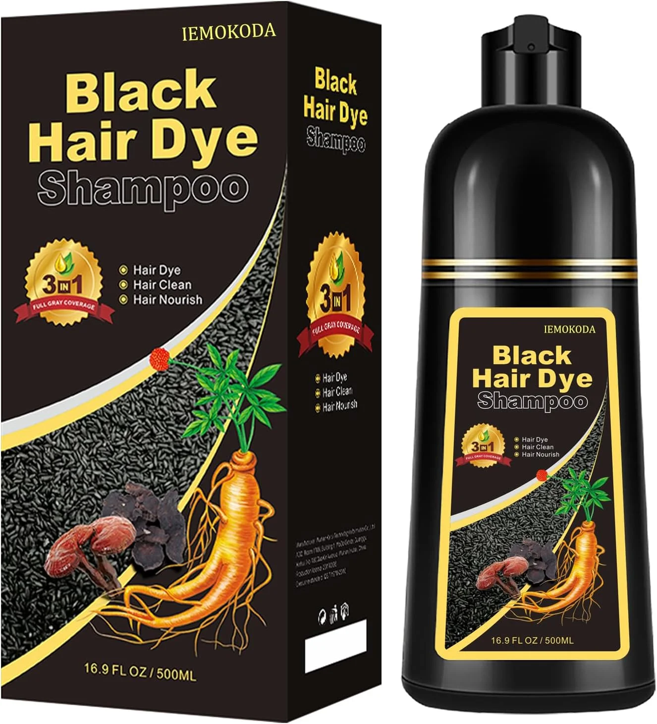 شامپو رنگ مو مشکی طبیعی، رنگ مو مشکی، شامپو رنگ مو 3 در 1، شامپو رنگ مو مشکی برای آقایان و بانوان، پوشش 100% موهای سفید، رنگ مو مشکی فوری برای انواع مو 500 میلی لیتر (مشکی)