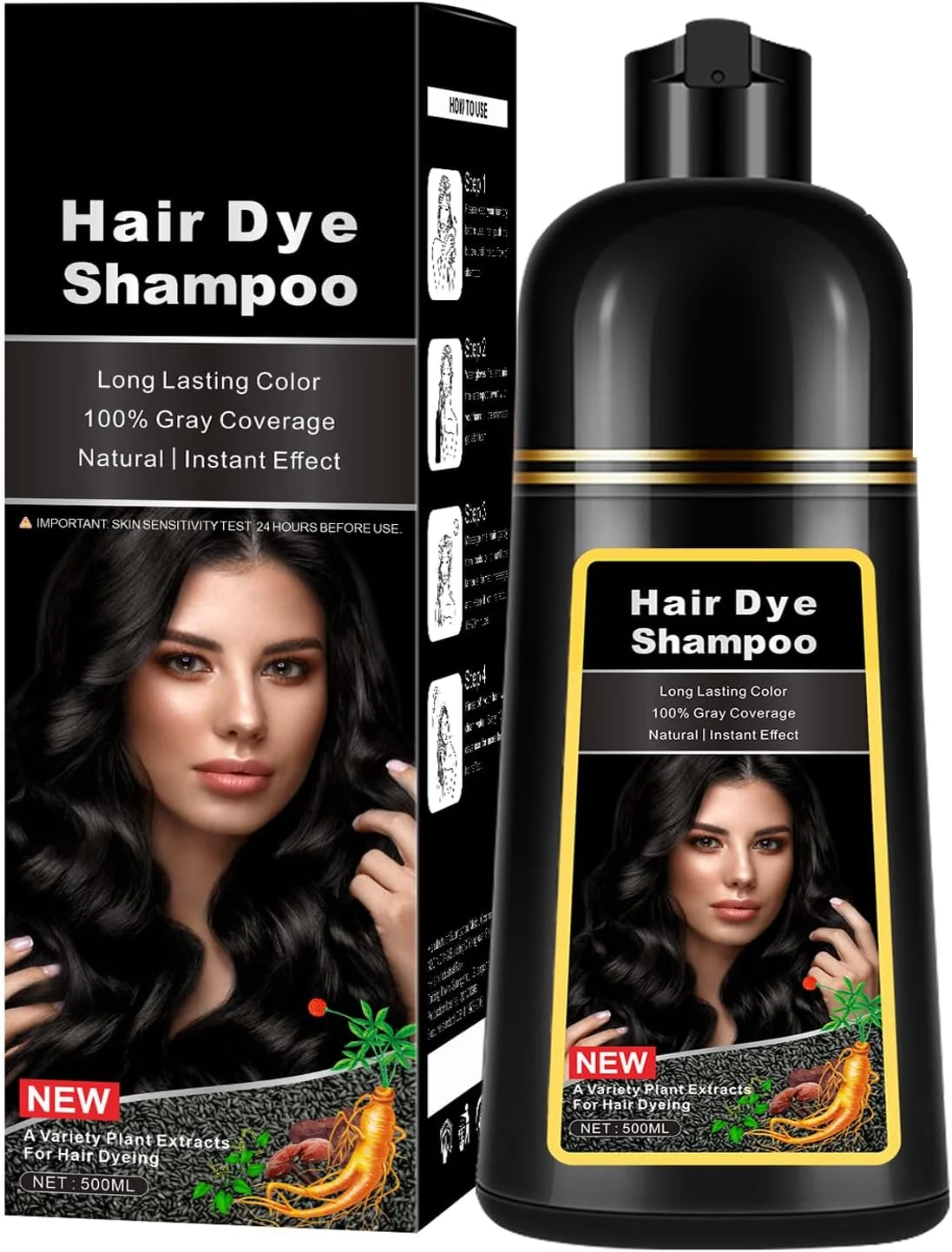 شامپو رنگ مو مشکی طبیعی، شامپو رنگ مو جادویی، رنگ کردن مو در 15 دقیقه، ماندگاری طولانی، 500 میلی لیتر، رنگ مو 3 در 1