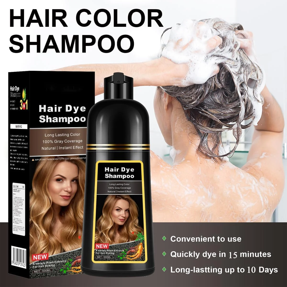 شامپو رنگ مو مشکی طبیعی، شامپو رنگ مو جادویی، رنگ کردن مو در 15 دقیقه، ماندگاری طولانی، 500 میلی لیتر، رنگ مو 3 در 1