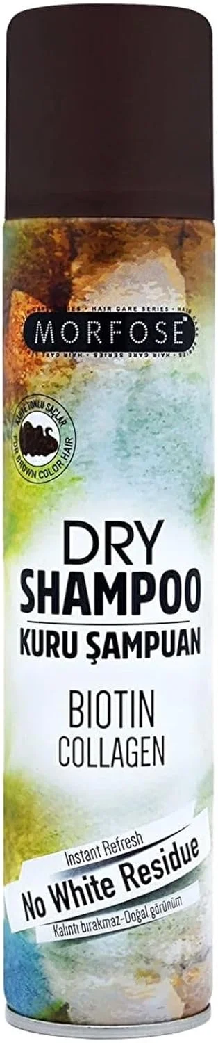 شامپو خشک مورفوسه حاوی بیوتین و کلاژن مخصوص موهای قهوه ای 200 میلی لیتر، بدون ایجاد سفیدک، طراوت فوری، ساخت ترکیه