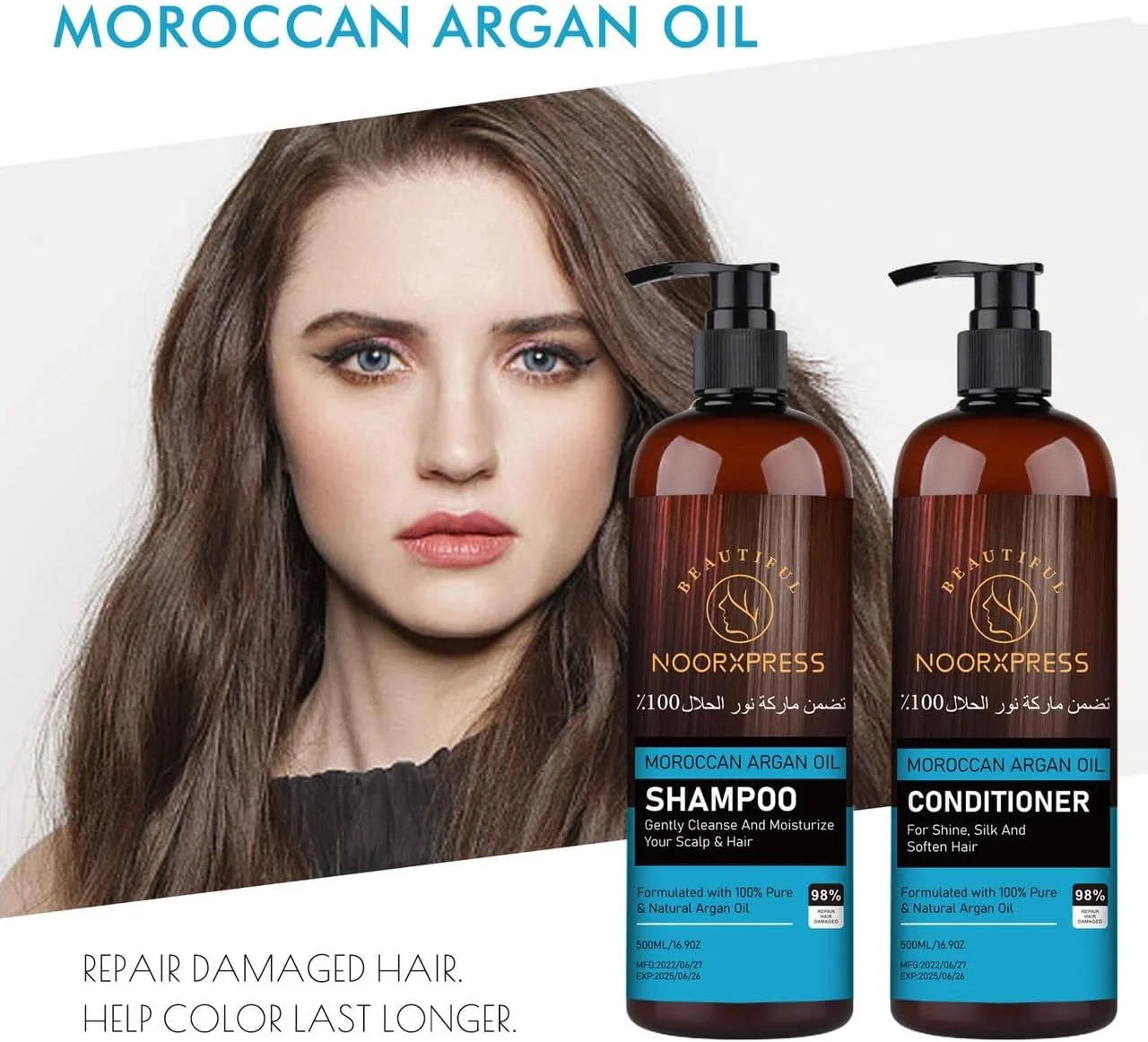 شامپو روغن آرگان مراکشی نور + نرم کننده فرموله شده و روغن آرگان طبیعی، 500 میلی لیتر + 500 میلی لیتر به آرامی پوست سر و موهای شما را تمیز و مرطوب می کند، مناسب برای انواع مو، بدون پارابن، بدون سولفات