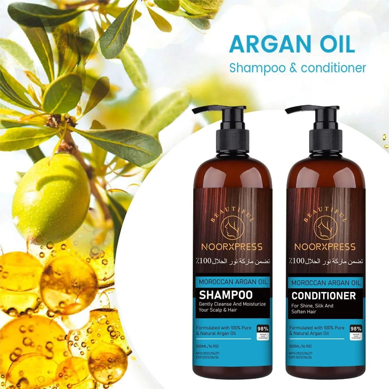 شامپو روغن آرگان مراکشی نور + نرم کننده فرموله شده و روغن آرگان طبیعی، 500 میلی لیتر + 500 میلی لیتر به آرامی پوست سر و موهای شما را تمیز و مرطوب می کند، مناسب برای انواع مو، بدون پارابن، بدون سولفات