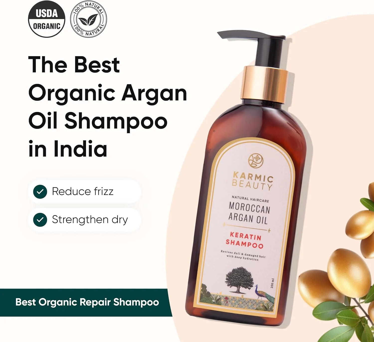 شامپو روغن آرگان مراکشی 100% ارگانیک و کراتین هیدرولیز شده کارمیک بیوتی | برای موهای خشک، آسیب دیده و رنگ شده | ترمیم و تغذیه مو | فاقد سولفات، سیلیکون و پارابن | 200 میلی لیتر