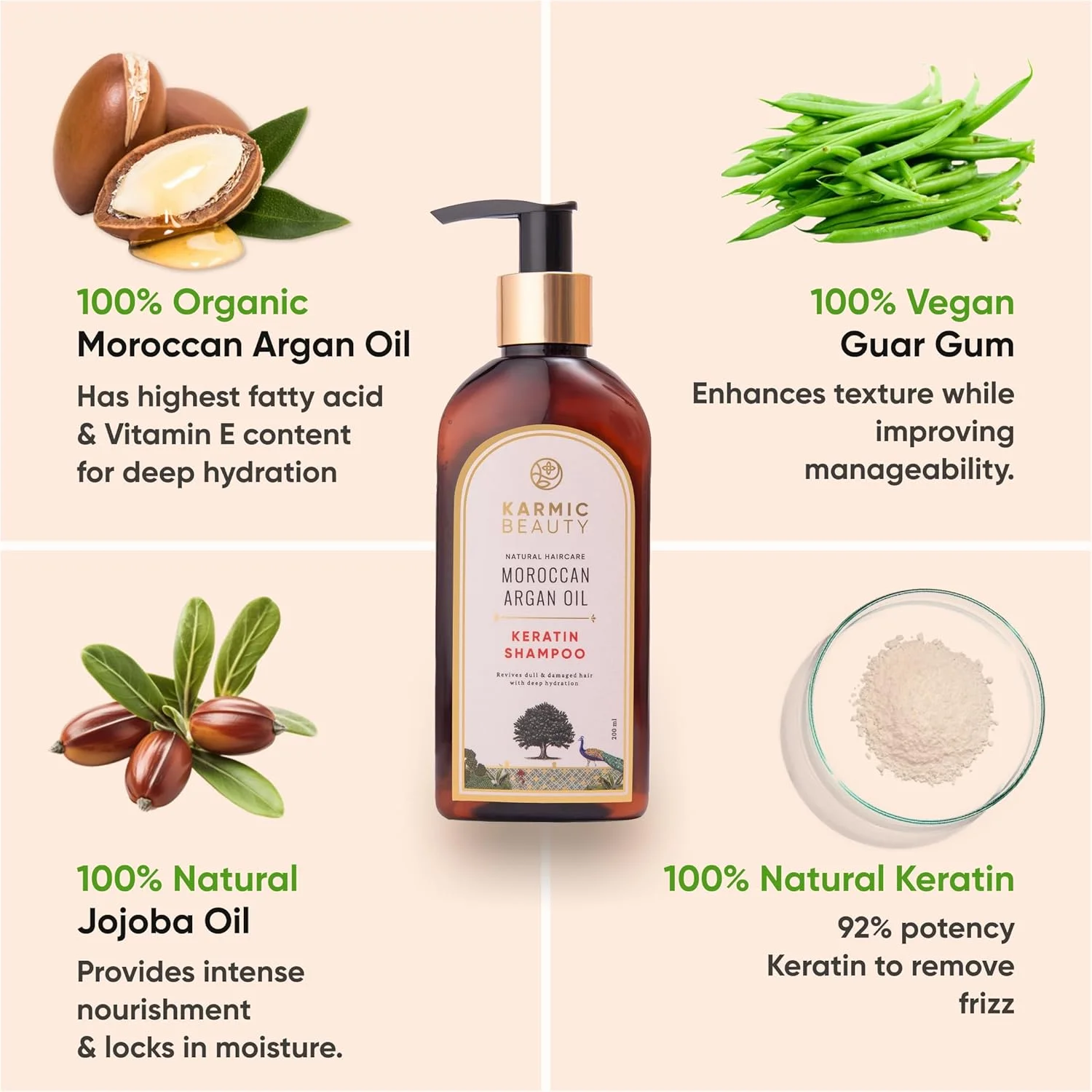 شامپو روغن آرگان مراکشی 100% ارگانیک و کراتین هیدرولیز شده کارمیک بیوتی | برای موهای خشک، آسیب دیده و رنگ شده | ترمیم و تغذیه مو | فاقد سولفات، سیلیکون و پارابن | 200 میلی لیتر