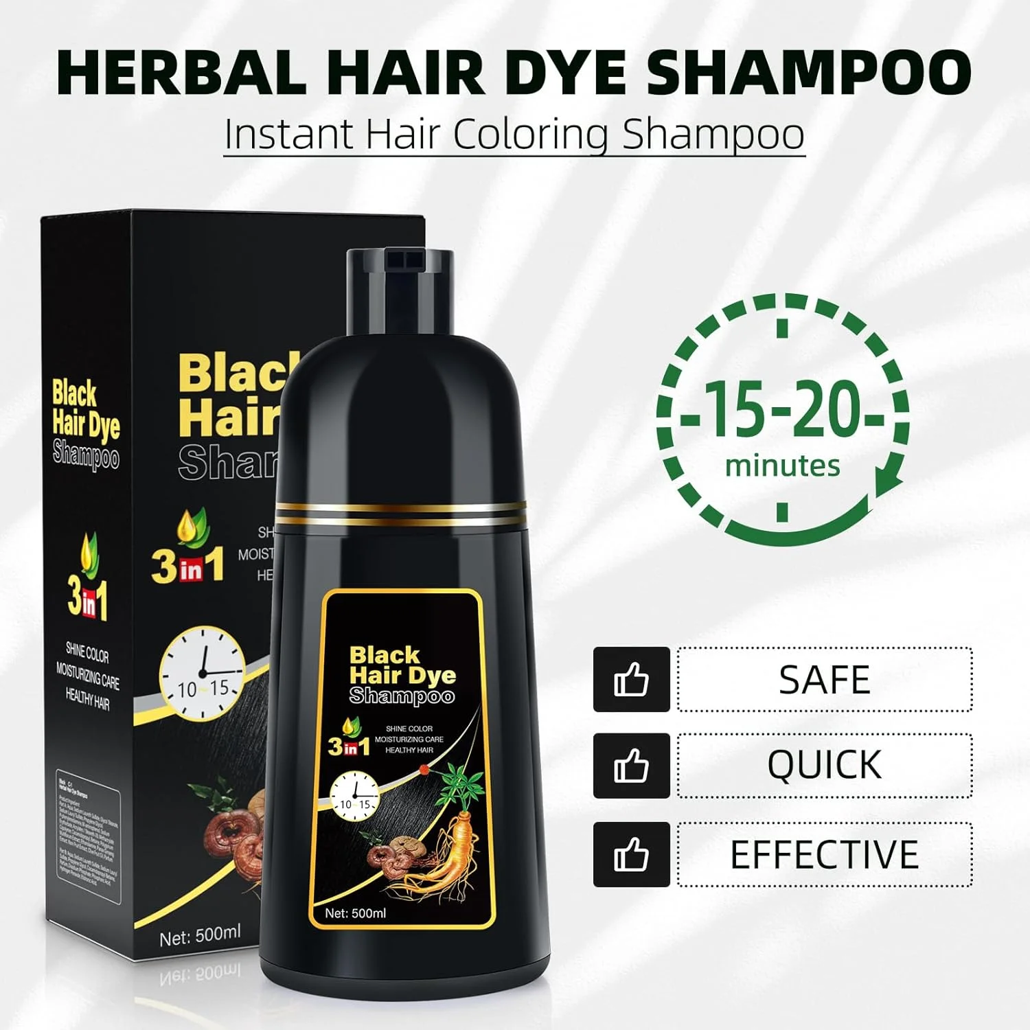 شامپو رنگ موی مشکی 3 در 1 برای پوشش موهای سفید، شامپو رنگ موی فوری گیاهی نیمه دائمی برای زنان و مردان