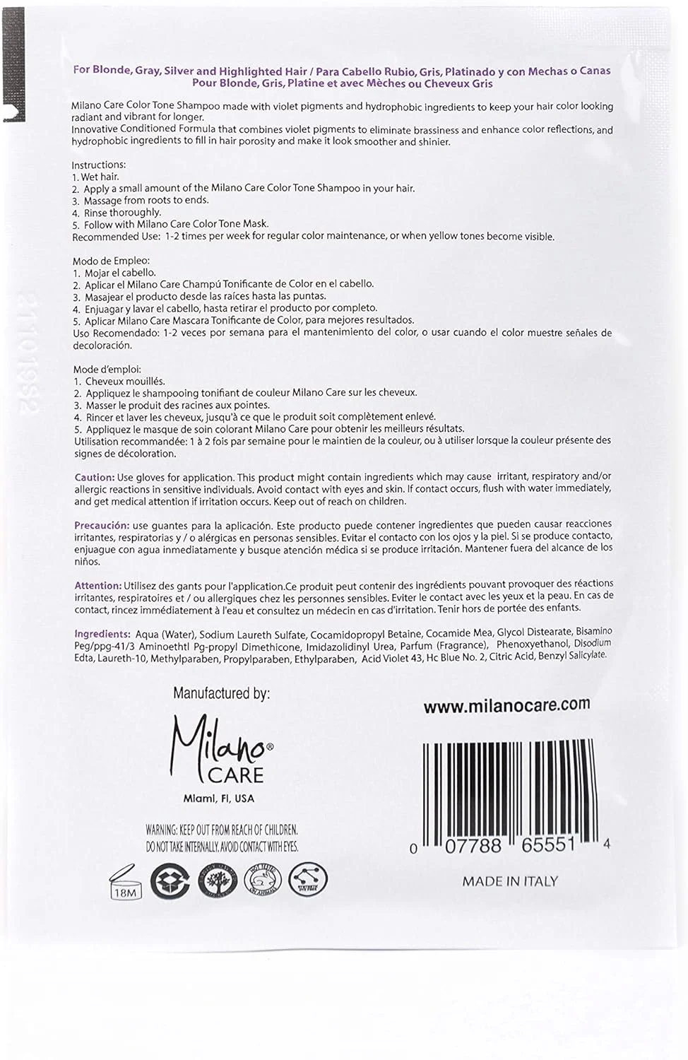 شامپو رنگساژ میلانو کر اینکانتو 30 میلی لیتر - شامپو تونر حرفه ای برای رنگ های مسی یا موهای زرد - شامپو بنفش برای موهای بلوند، خاکستری، نقره ای، هایلایت شده و رنگ شده